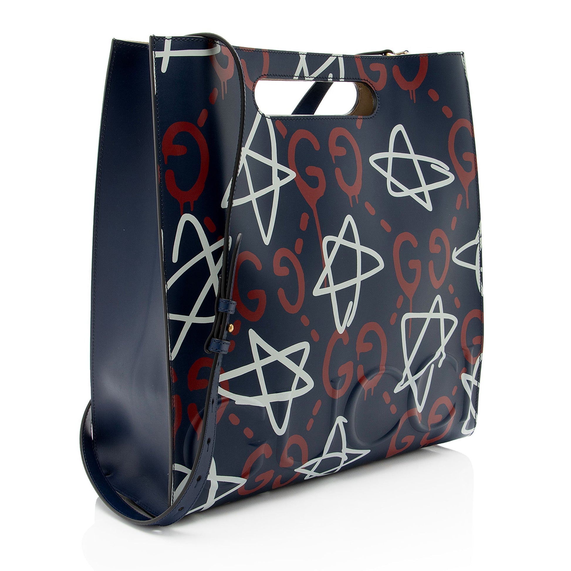 Gucci Ghost Leather White Blue Red Tote Bag Medium Tote