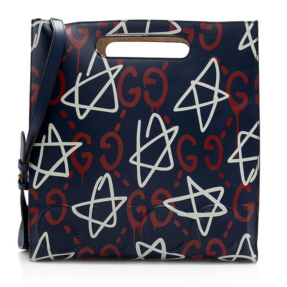 Gucci Ghost SHF Leather Blue Red Medium Tote Bag