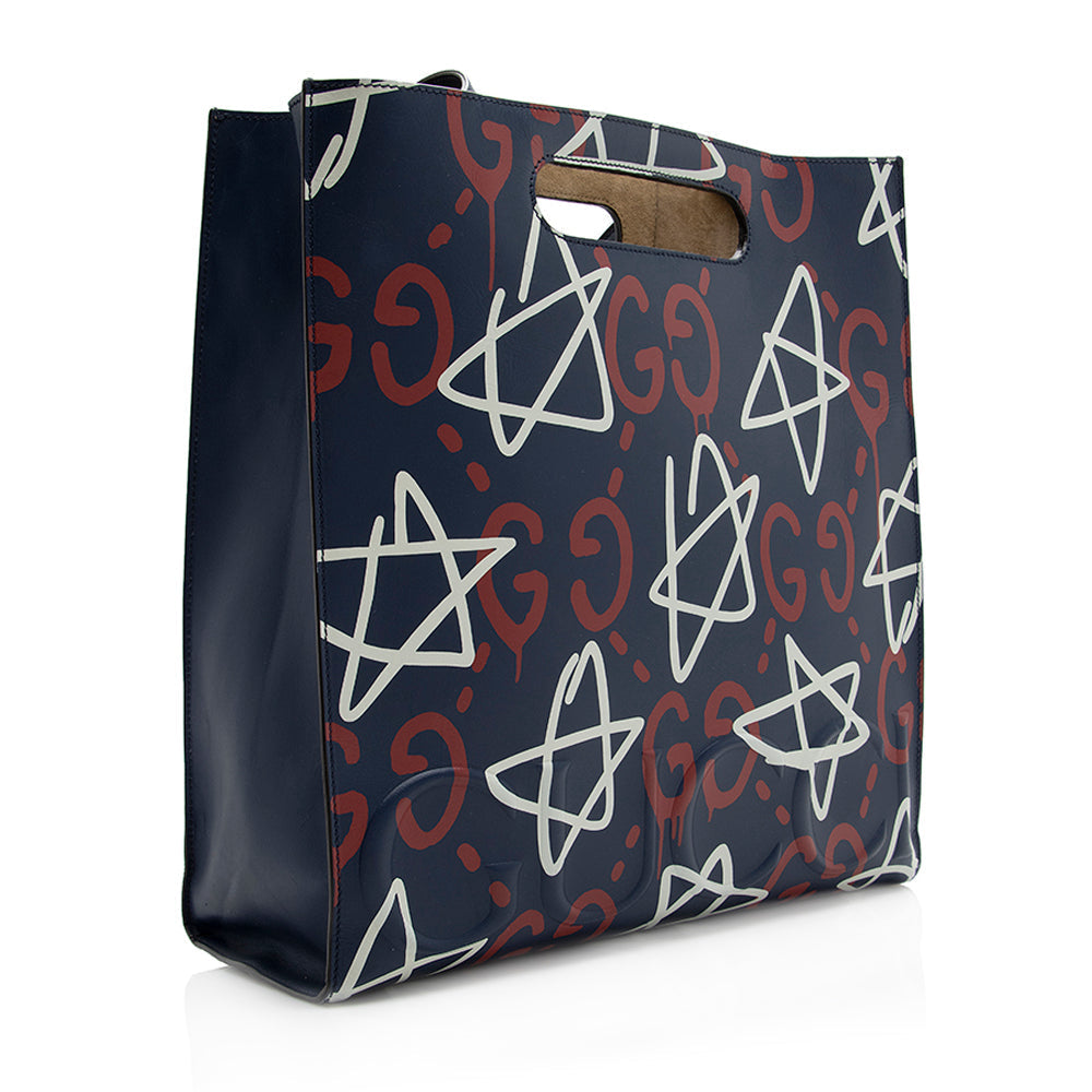 Gucci Ghost SHF Leather Blue Red Medium Tote Bag