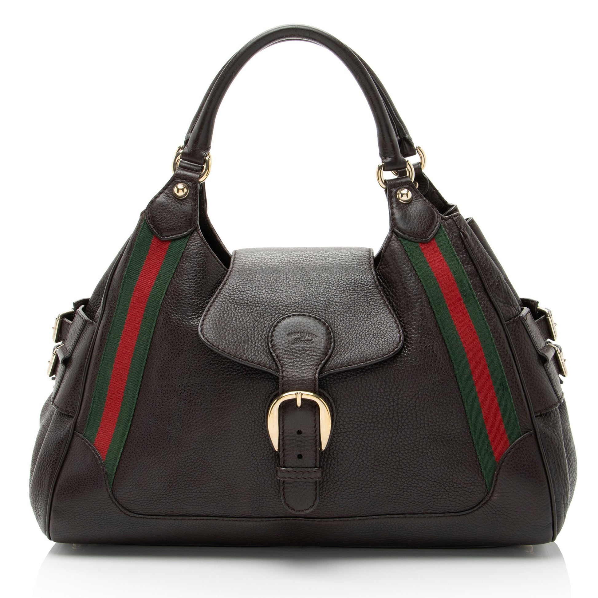 Gucci Heritage Web Buckle Leather Nylon Brown Medium Satchel Bag