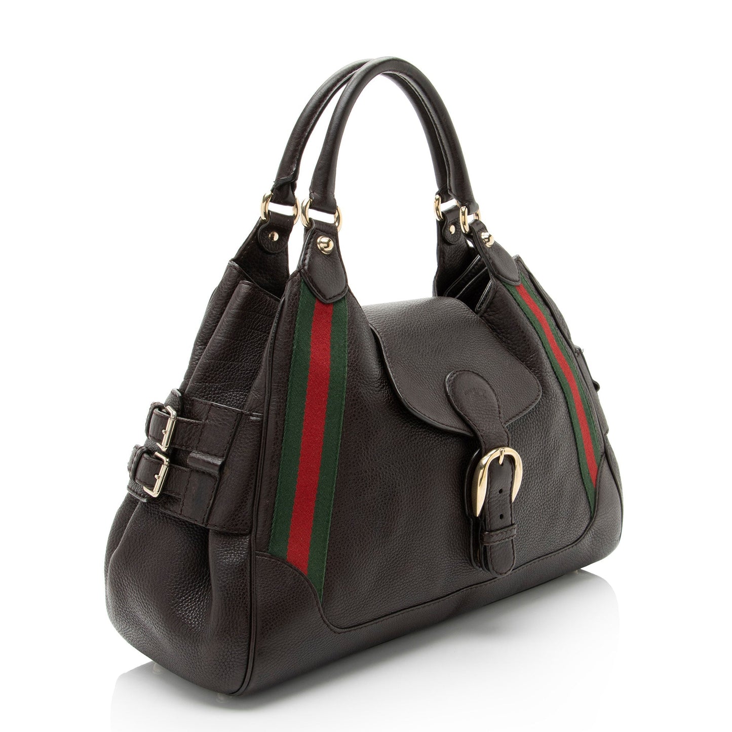 Gucci Heritage Web Buckle Leather Nylon Brown Medium Satchel Bag