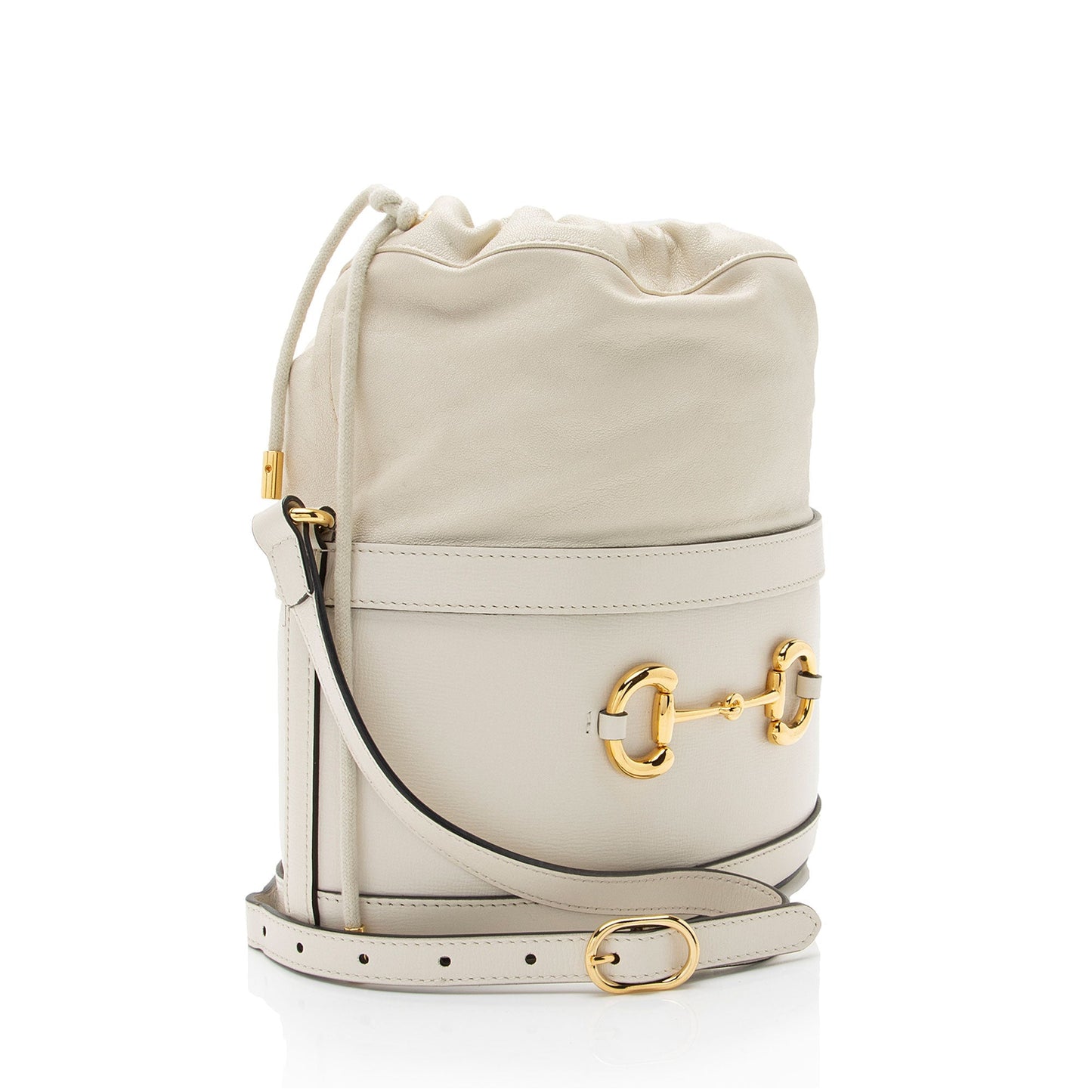 Gucci Horsebit Drawstring Leather Nylon White Bucket Jewelry
