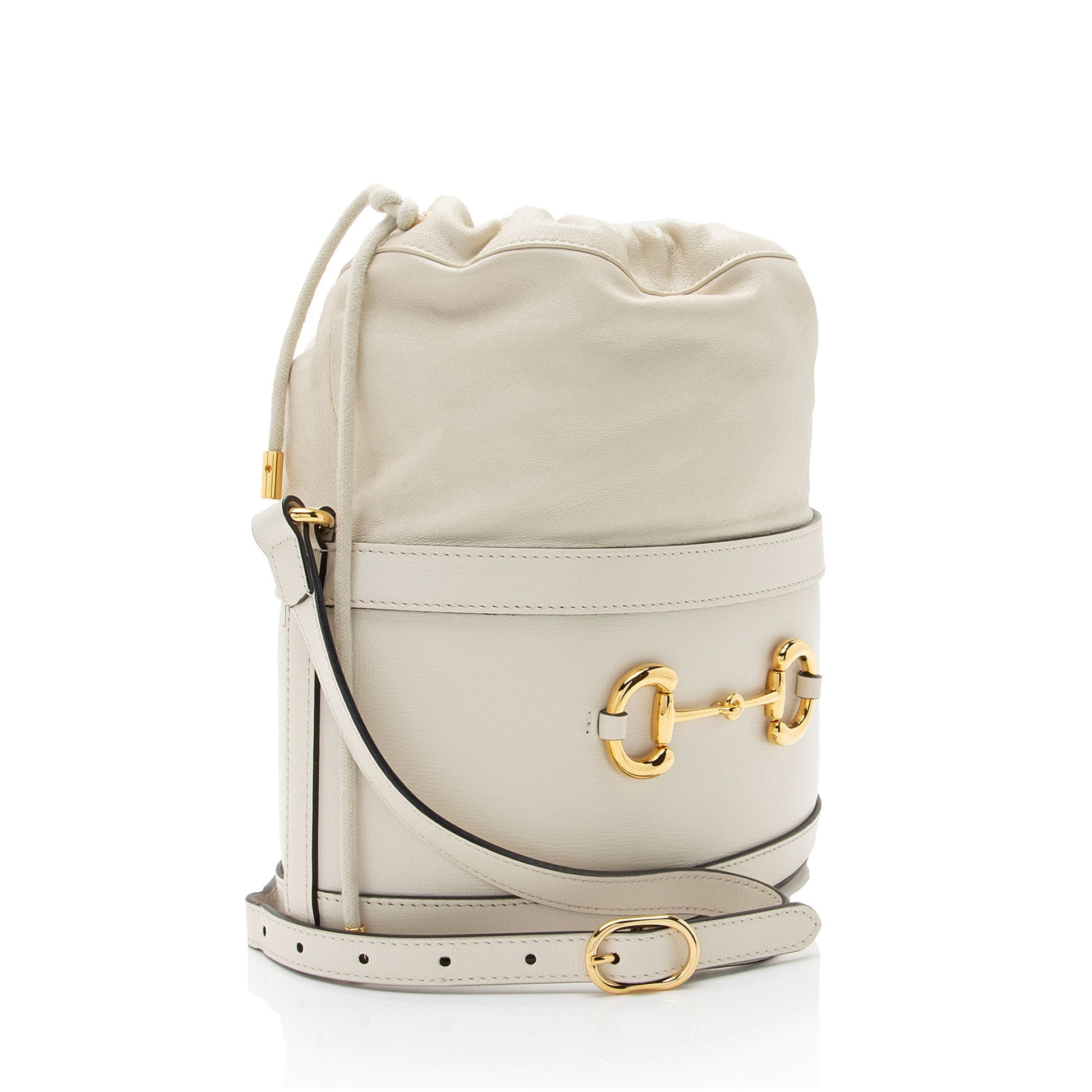 Gucci Horsebit Drawstring Leather Nylon White Bucket Jewelry