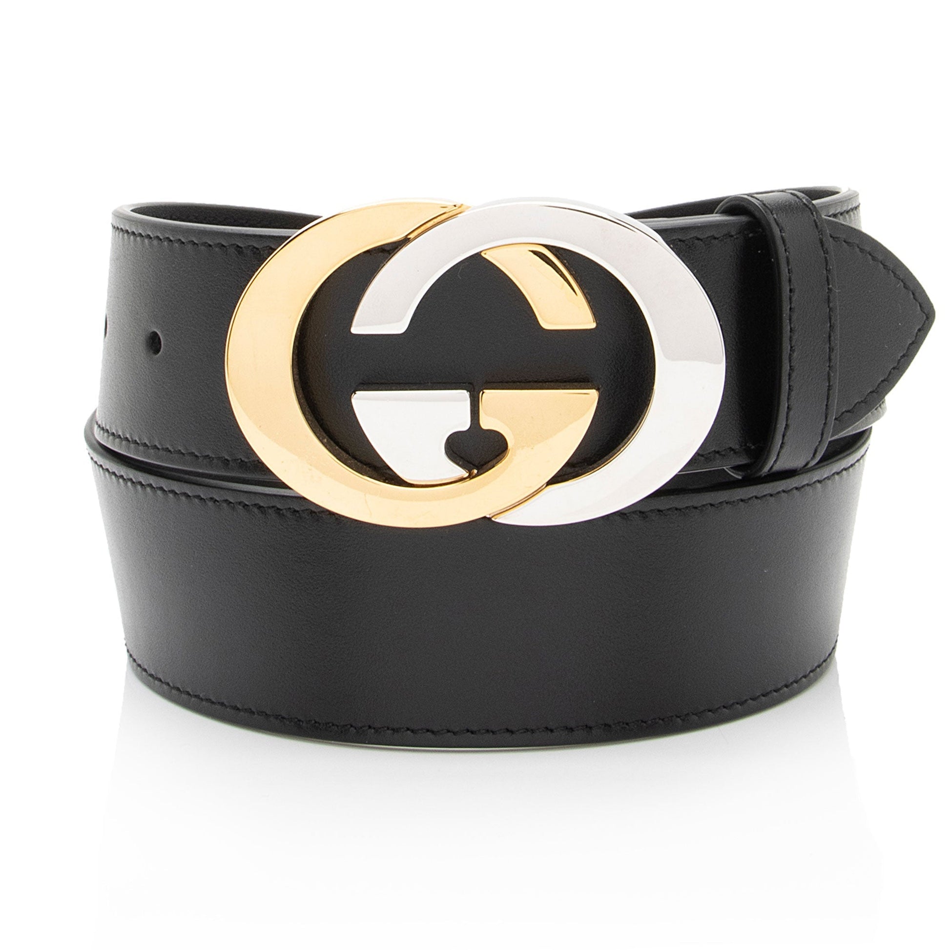 Gucci Two Tone Interlocking G Belt Leather Black Accessory