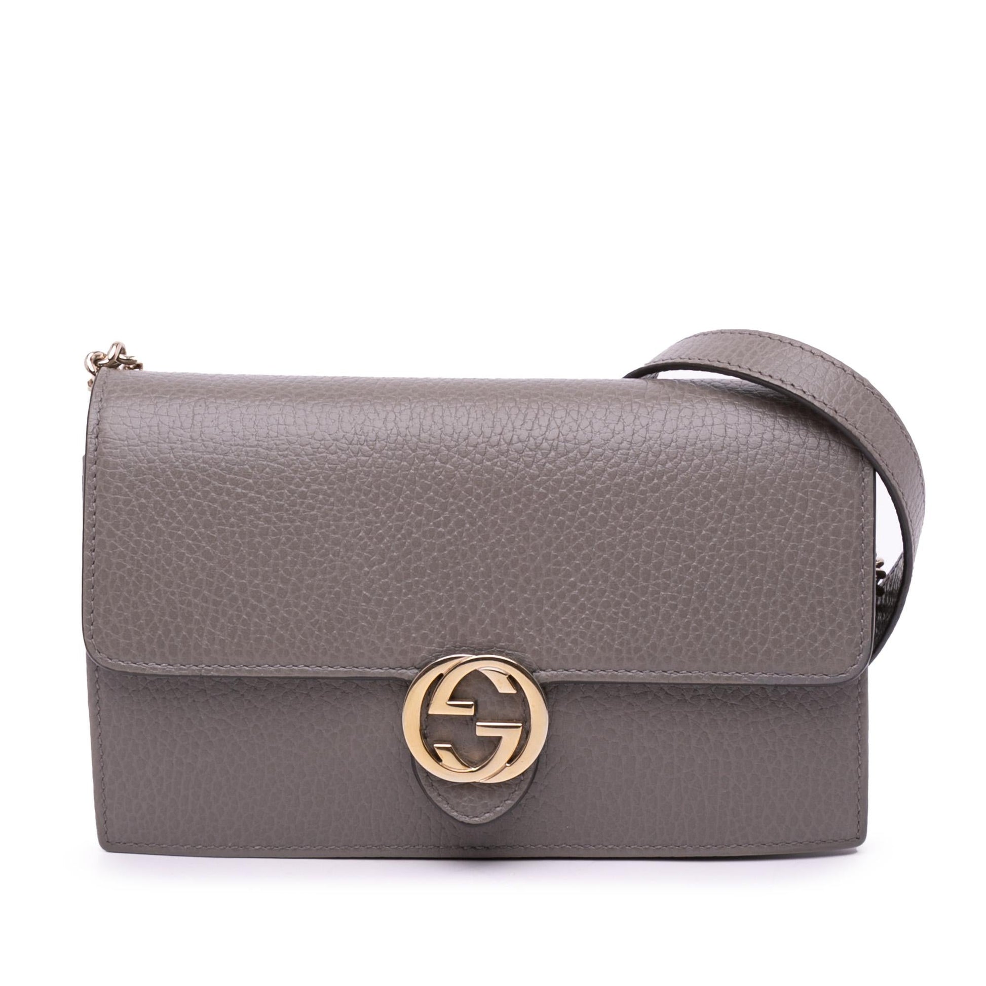 Gucci Interlocking G Dollar Wallet on Leather Calf Grey Chain Crossbody Bag