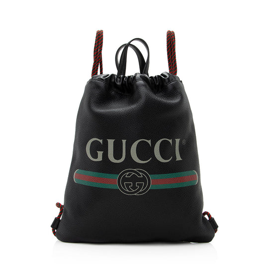 Gucci Drawstring Backpack SHF Leather Black Logo Jewelry
