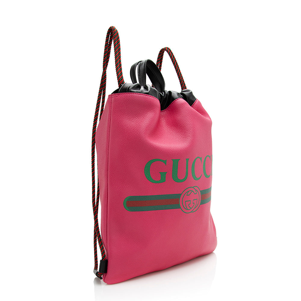 Gucci Drawstring Backpack SHF Leather Nylon Pink Logo Jewelry