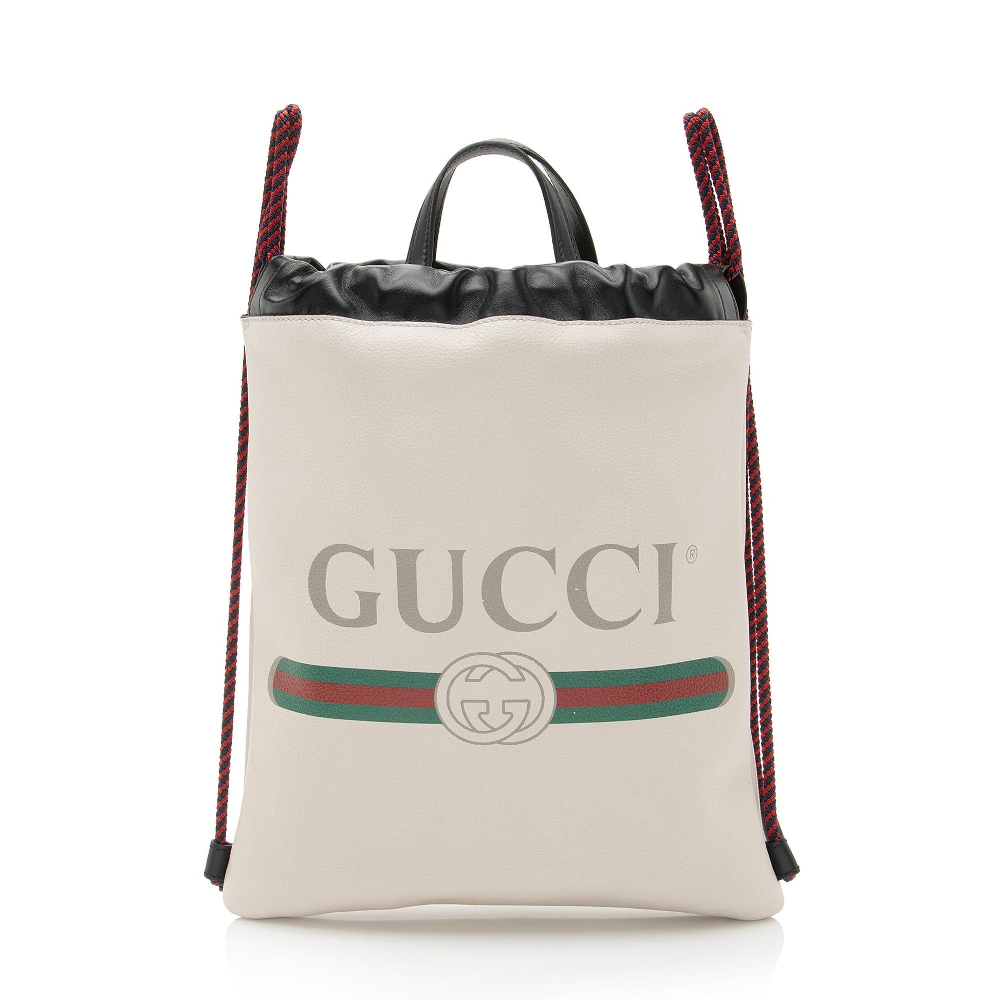Gucci Drawstring Backpack SHF-l0fZZC Leather Nylon White Logo Jewelry