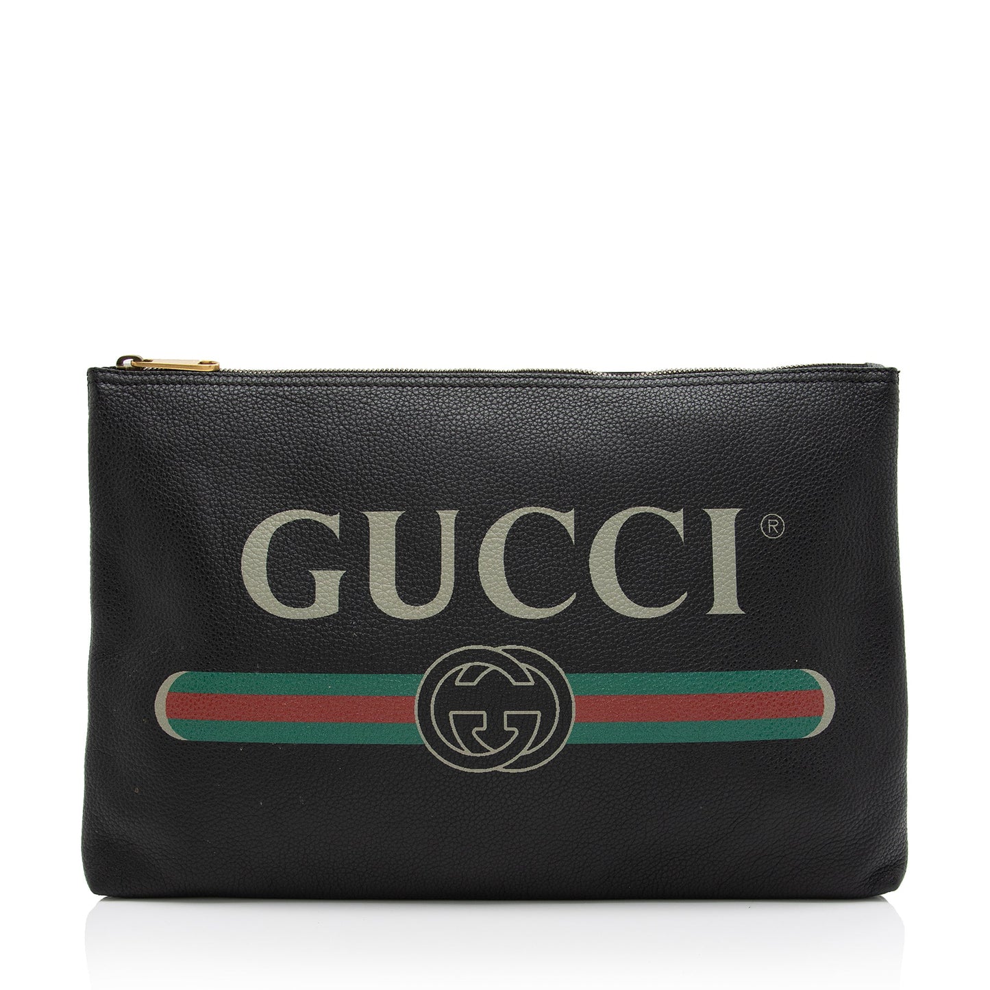 Gucci Zip Pouch SHF-YffhN8 Leather Black Large Logo Clutch Bag