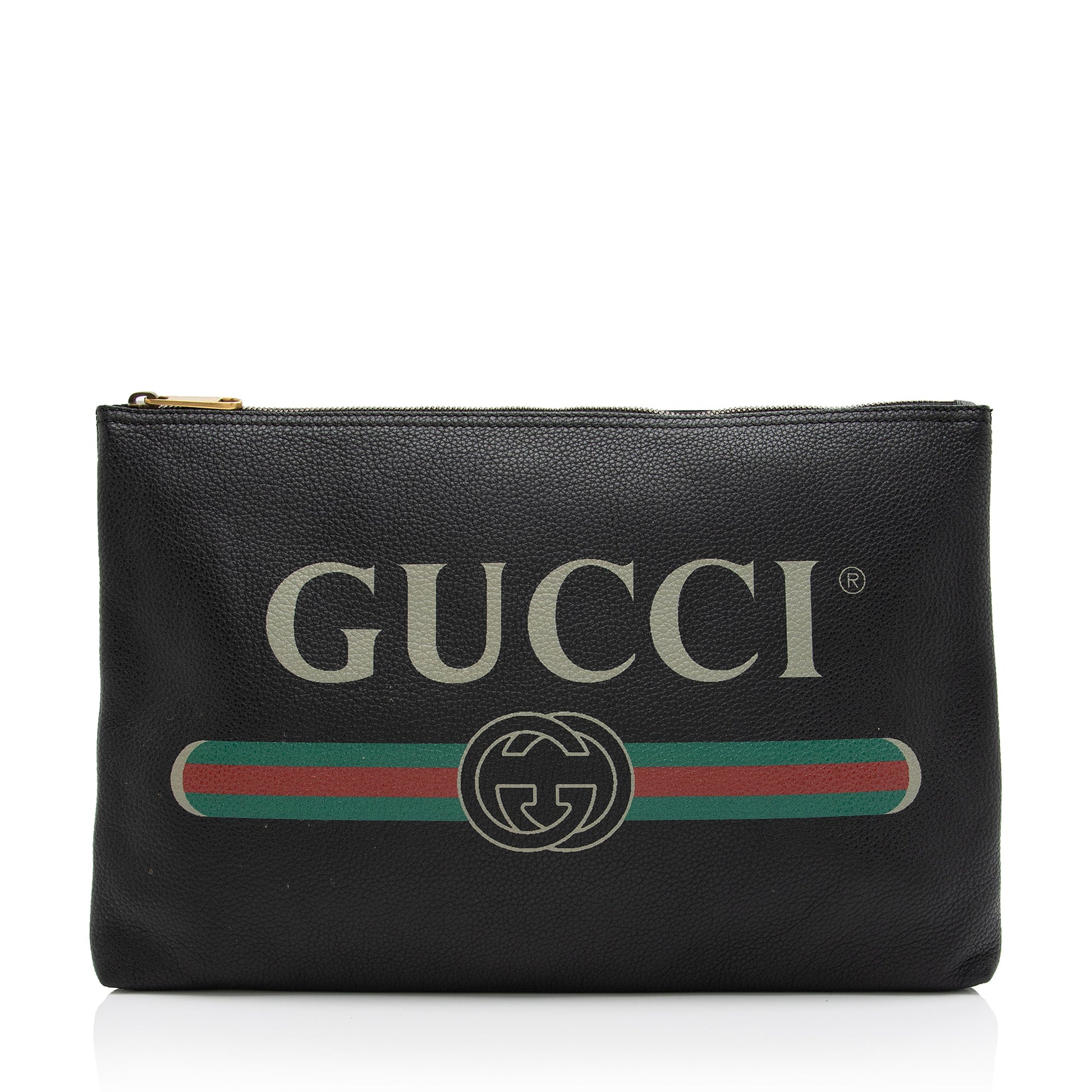 Gucci Zip Pouch SHF-YffhN8 Leather Black Large Logo Clutch Bag