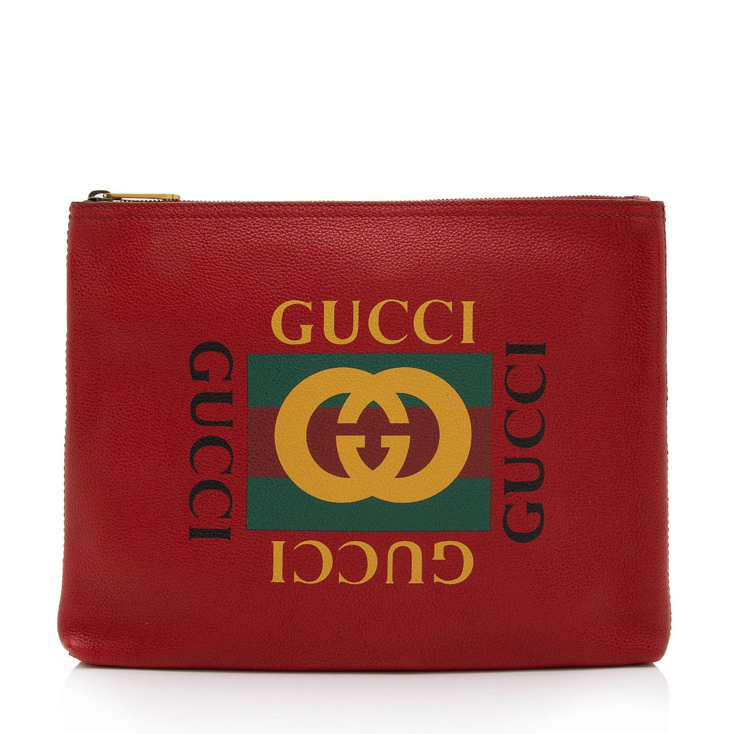Gucci Zip Pouch SHF-x1B73m Leather Red Logo Clutch Bag