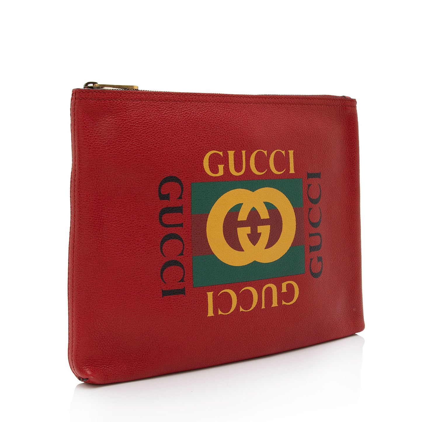 Gucci Zip Pouch SHF-x1B73m Leather Red Logo Clutch Bag