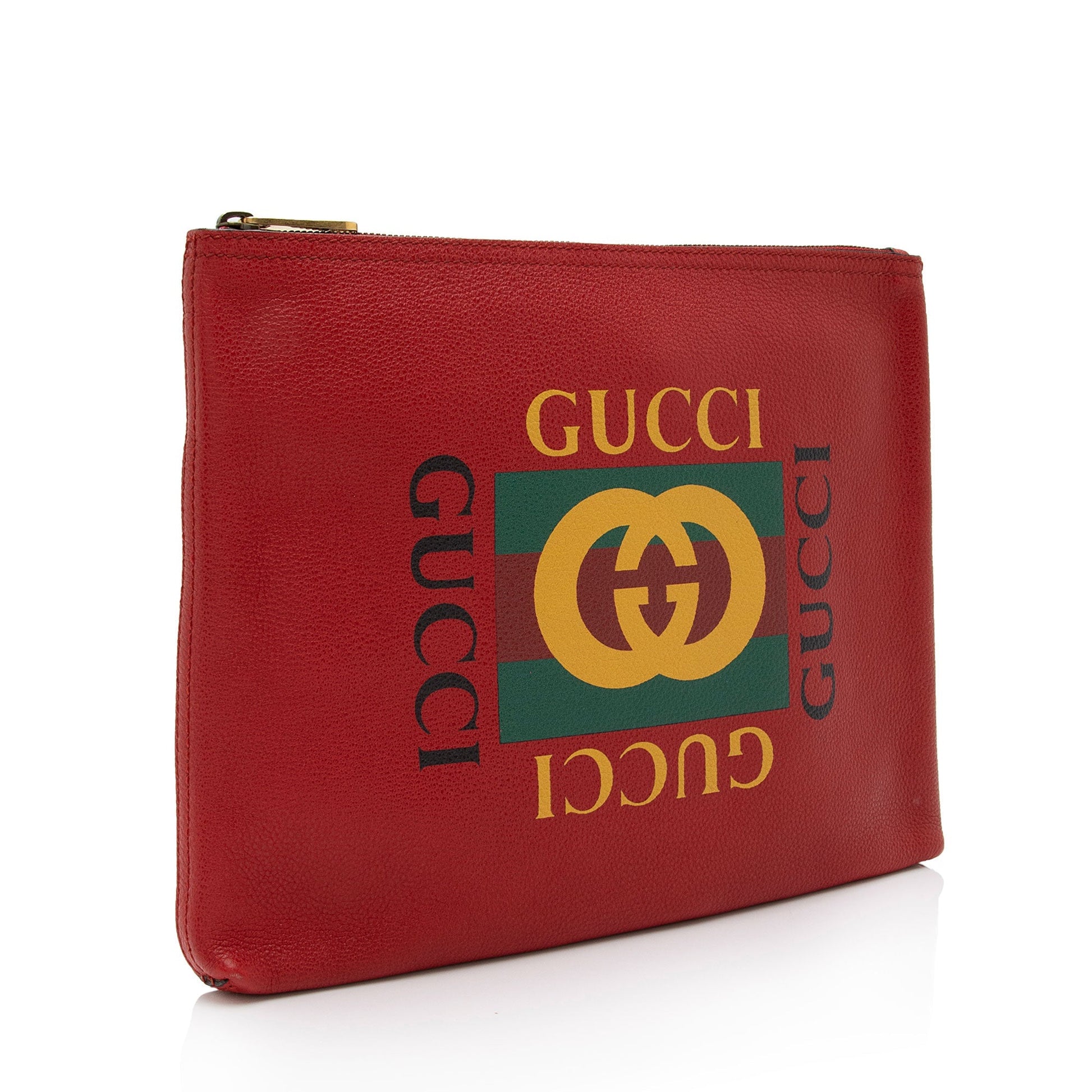 Gucci Zip Pouch SHF-x1B73m Leather Red Logo Clutch Bag