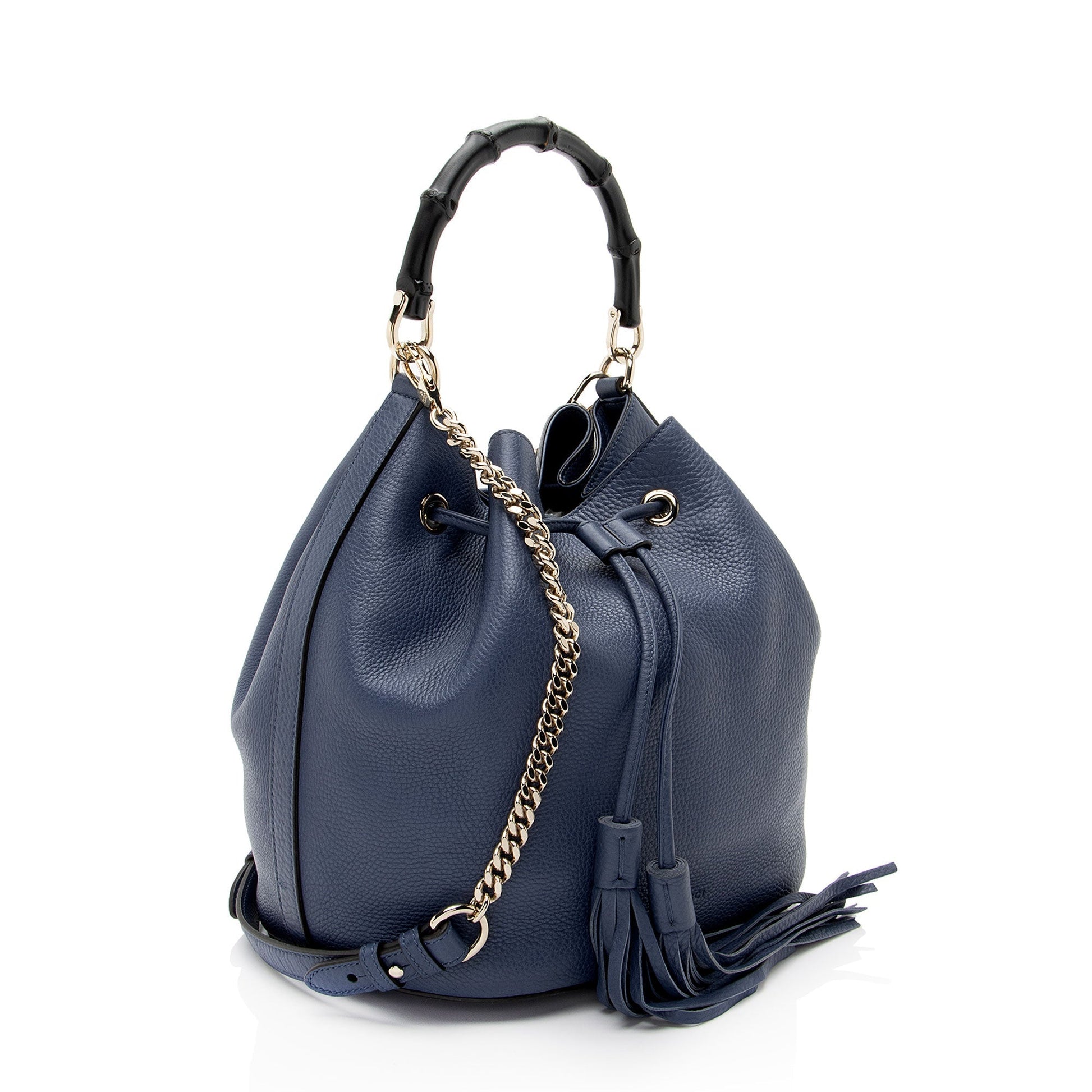 Gucci Miss Bamboo Leather Blue Bucket Shoulder Bag