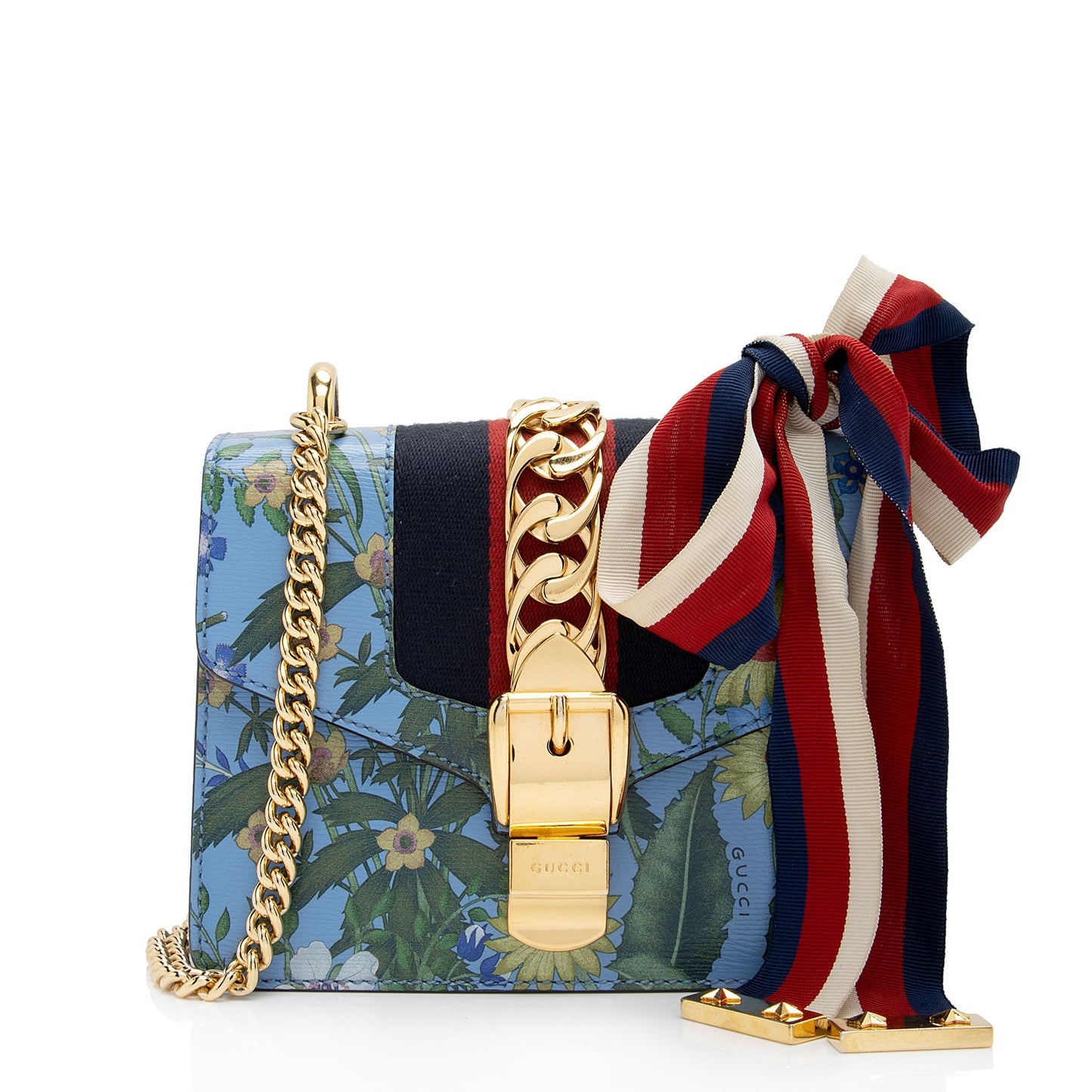 Gucci New Flora Sylvie Chain SHF-Yl1uiM Leather Nylon Blue Mini Shoulder Bag