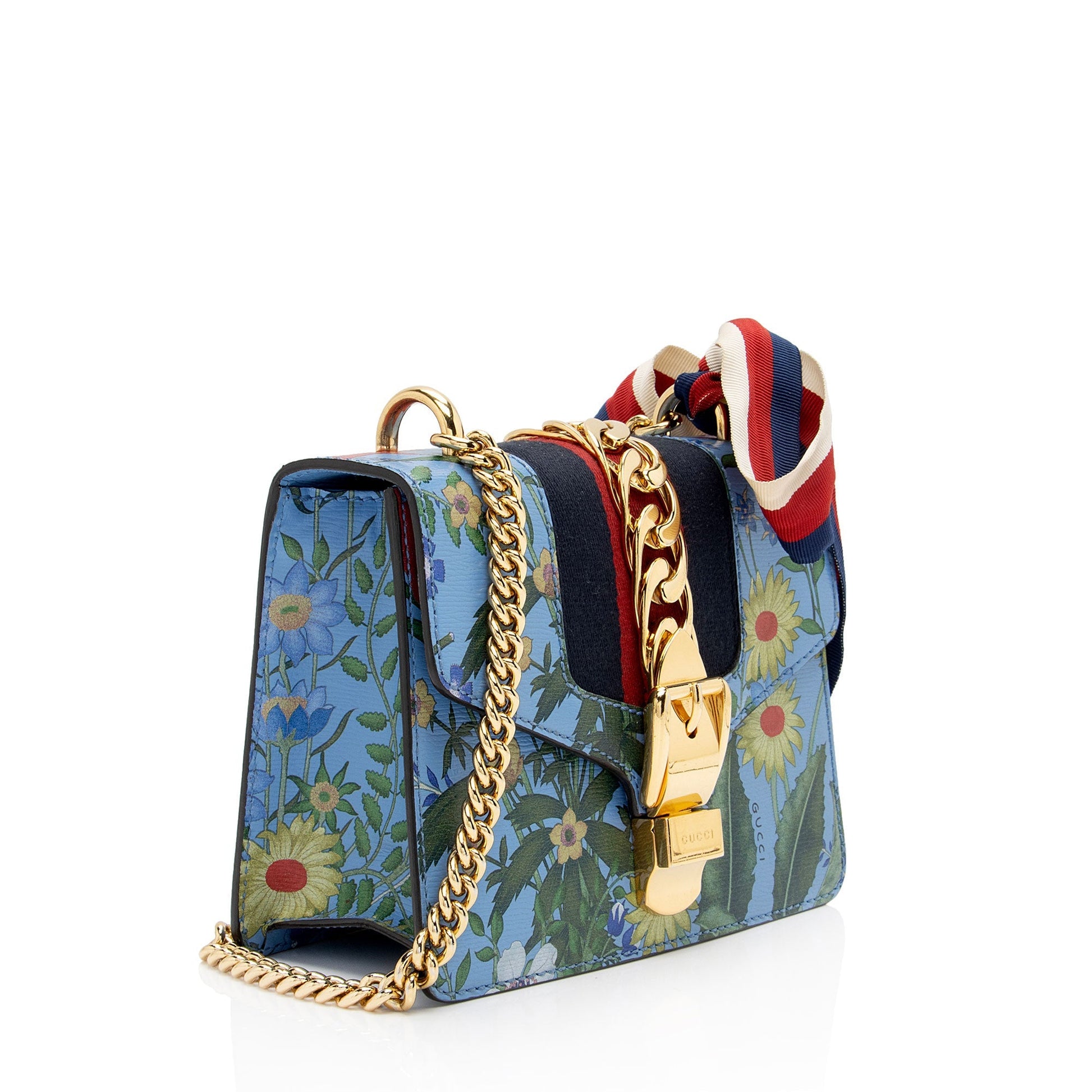 Gucci New Flora Sylvie Chain SHF-Yl1uiM Leather Nylon Blue Mini Shoulder Bag