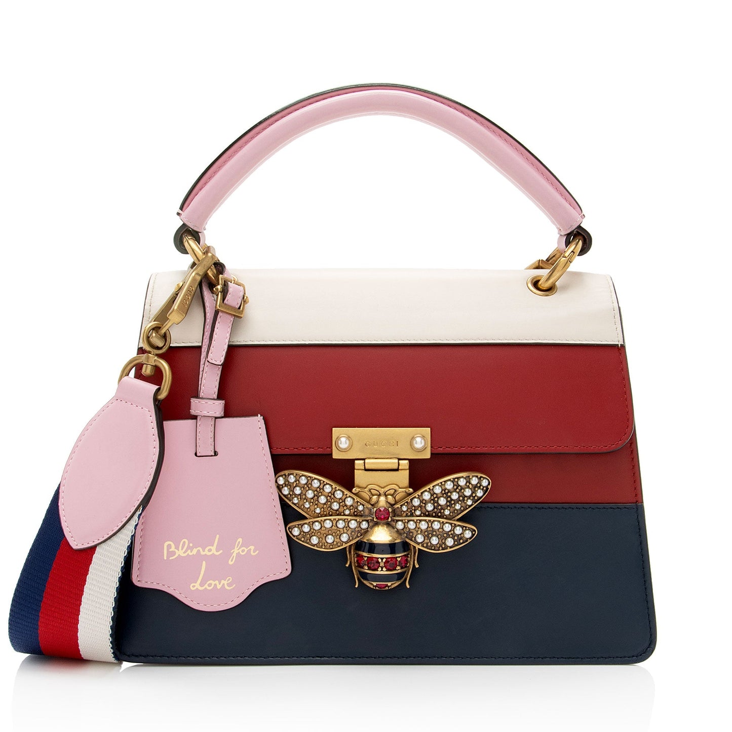 Gucci Queen Margaret Top Handle Leather Nylon White Blue Satchel Bag