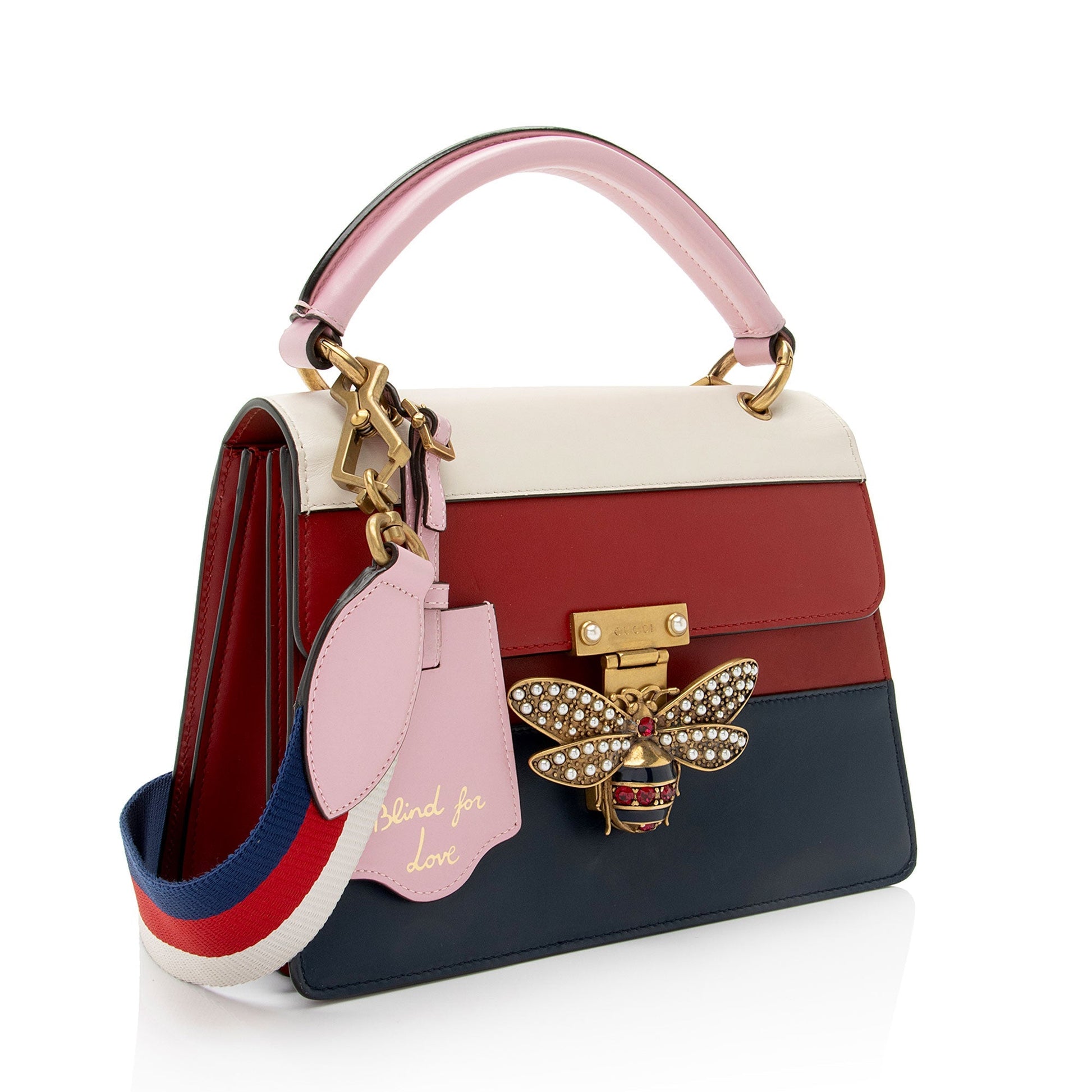 Gucci Queen Margaret Top Handle Leather Nylon White Blue Satchel Bag
