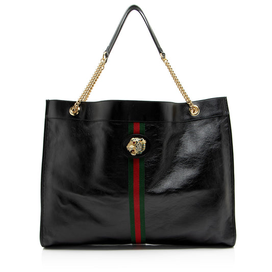 Gucci Rajah Maxi Leather Nylon Black Tote Bag