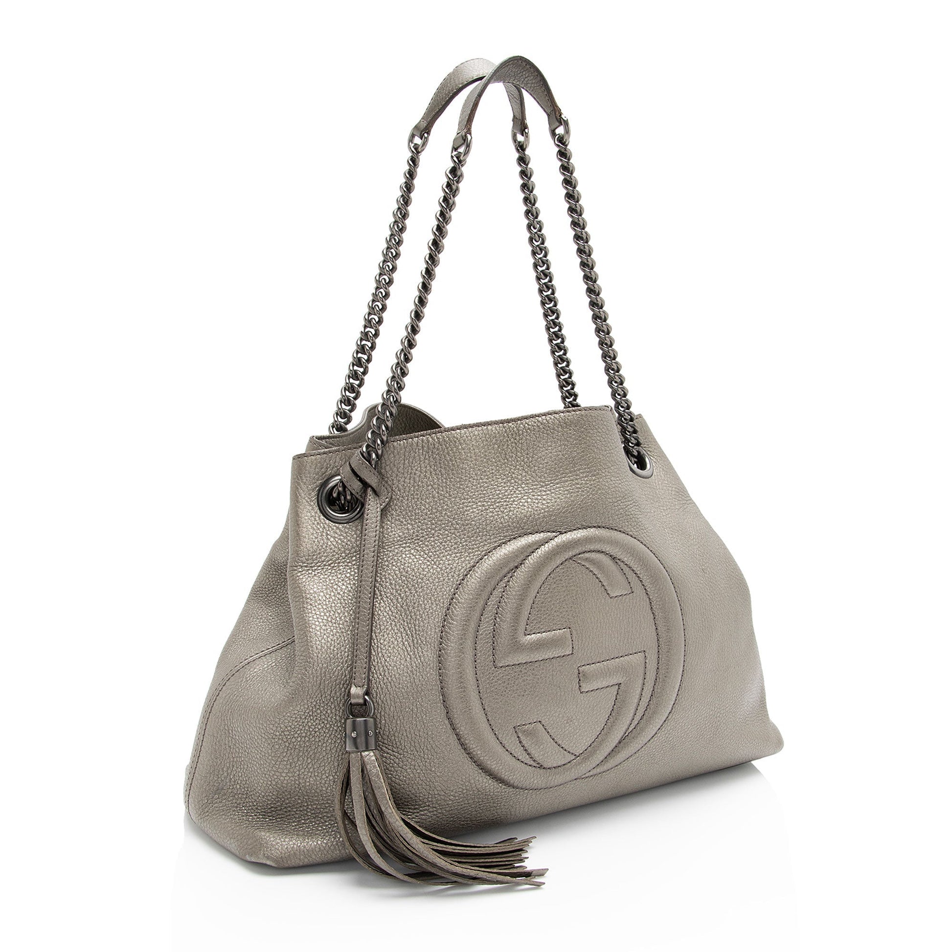 Gucci Metallic Soho Leather Silver Grey Medium Shoulder Bag