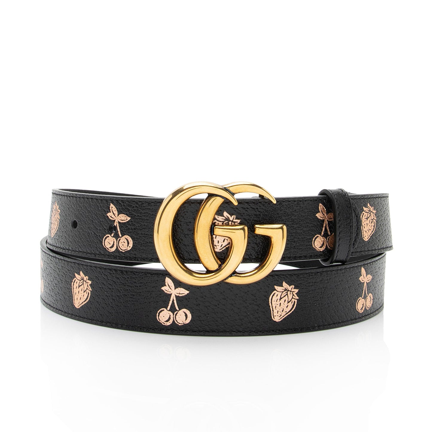 Gucci Strawberry Cherry GG Marmont Belt Leather Black Pink Gold Accessory