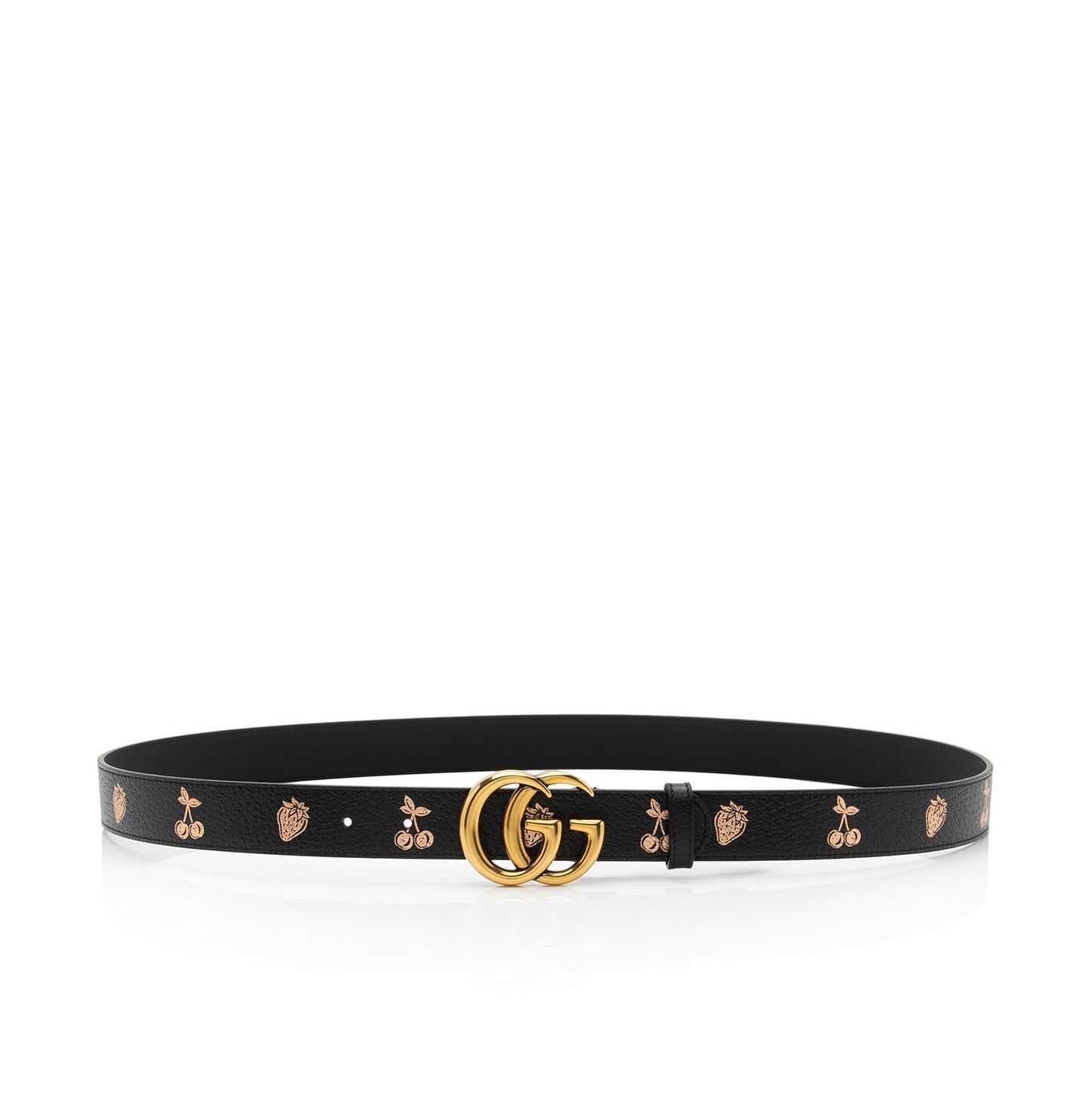 Gucci Strawberry Cherry GG Marmont Belt Leather Black Pink Gold Accessory