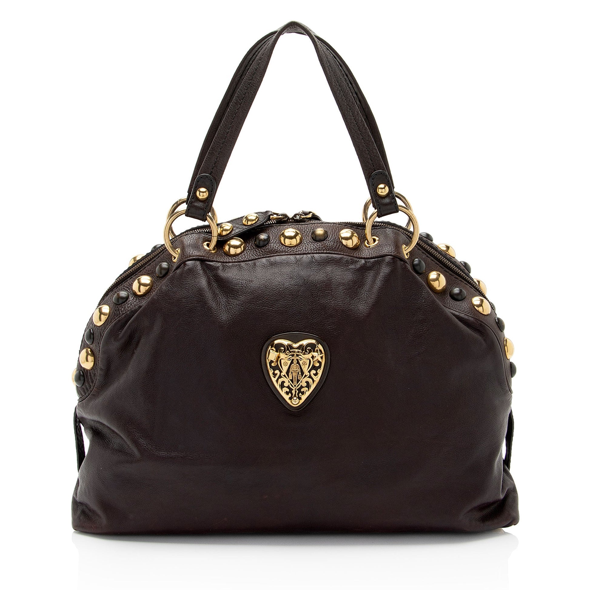 Gucci Studded Babouska Dome Leather Brown Satchel Bag