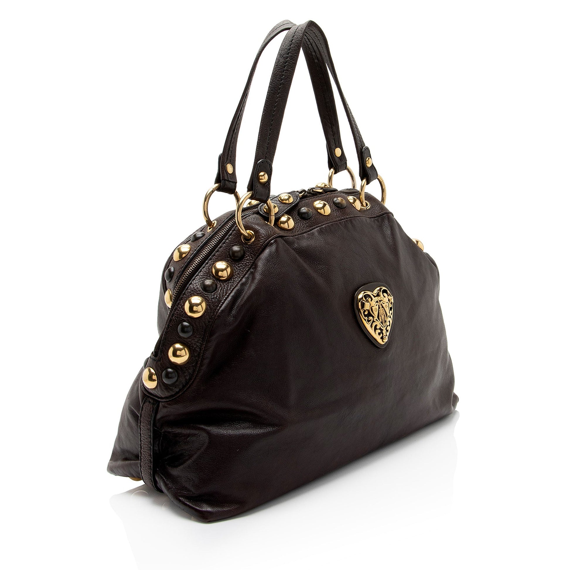 Gucci Studded Babouska Dome Leather Brown Satchel Bag