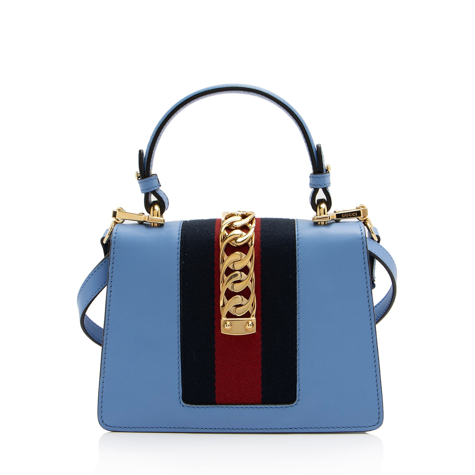 Gucci Sylvie Top Handle Leather Nylon Blue Mini Satchel Bag
