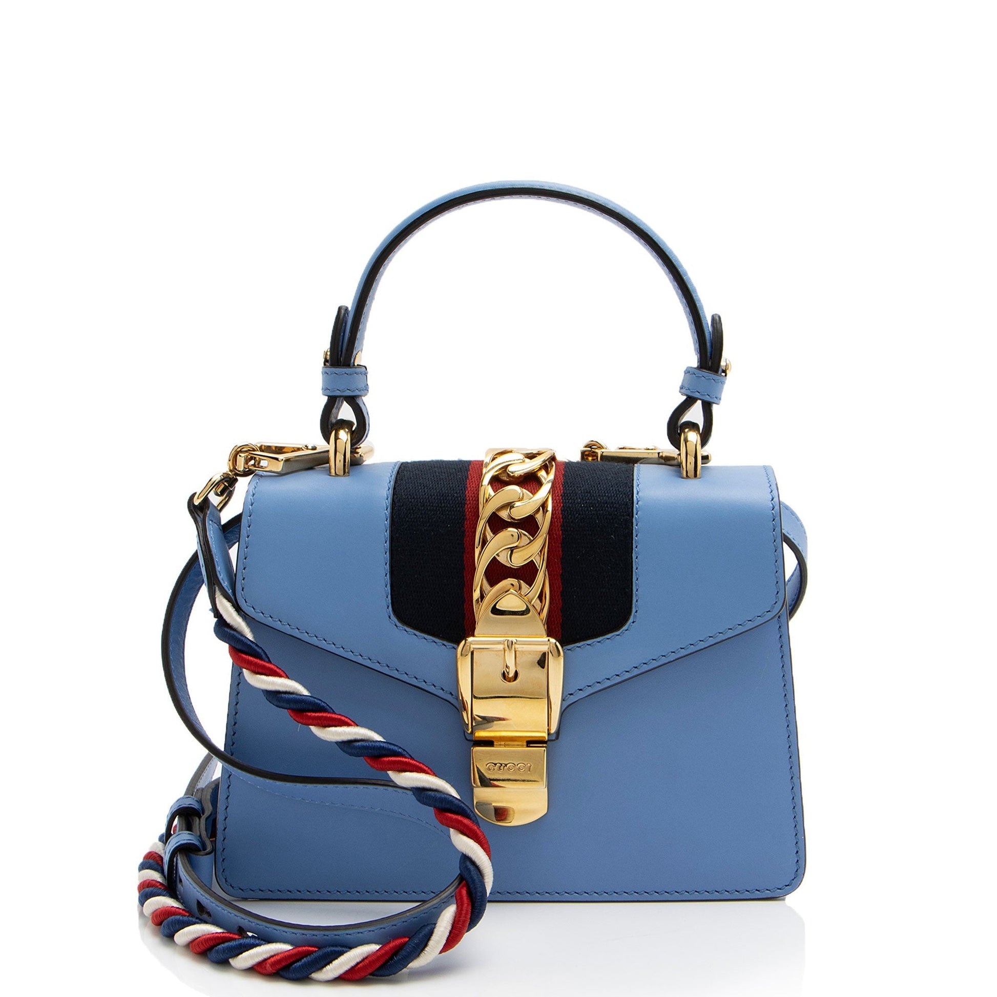 Gucci Sylvie Top Handle Leather Nylon Blue Mini Satchel Bag