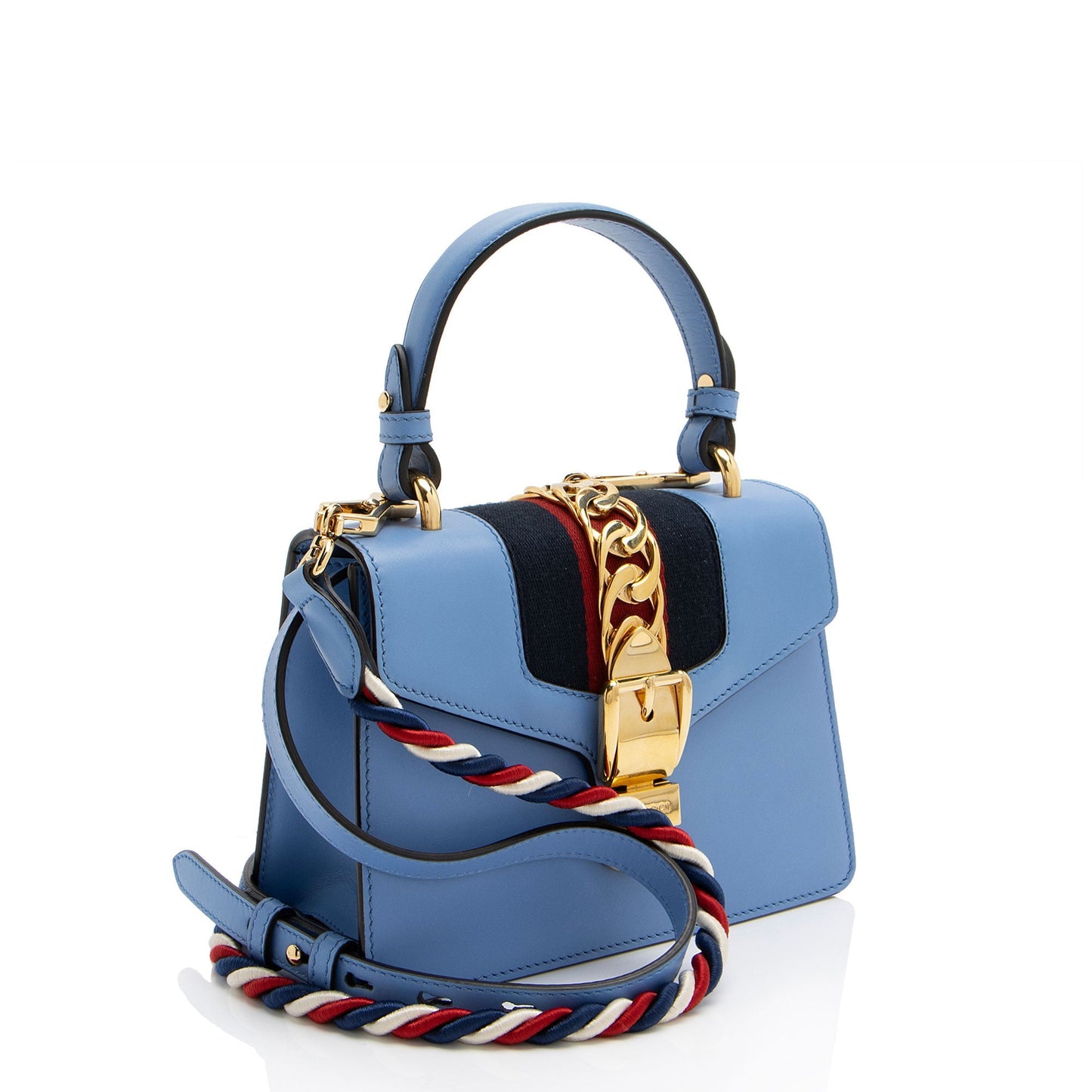 Gucci Sylvie Top Handle Leather Nylon Blue Mini Satchel Bag