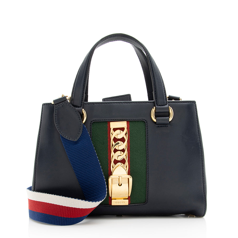 Gucci Sylvie Top Handle SHF Leather Nylon Blue Medium Tote Bag