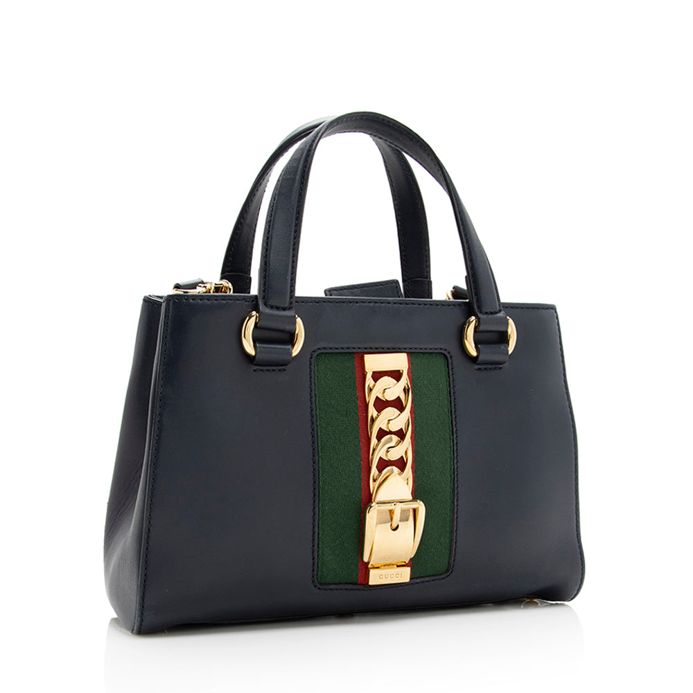 Gucci Sylvie Top Handle SHF Leather Nylon Blue Medium Tote Bag