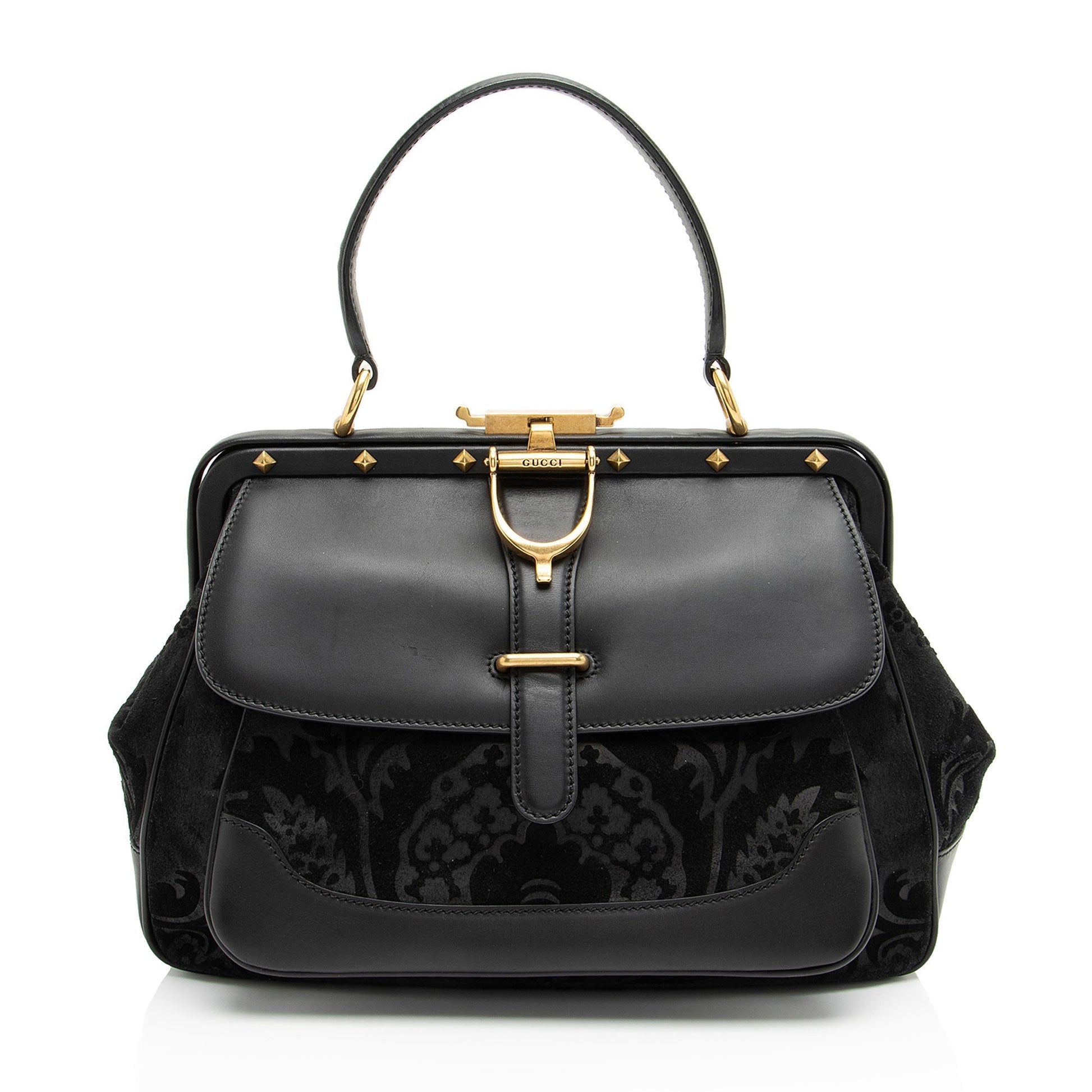 Gucci Velvet Lady Stirrup Leather Black Top Handle Satchel Bag