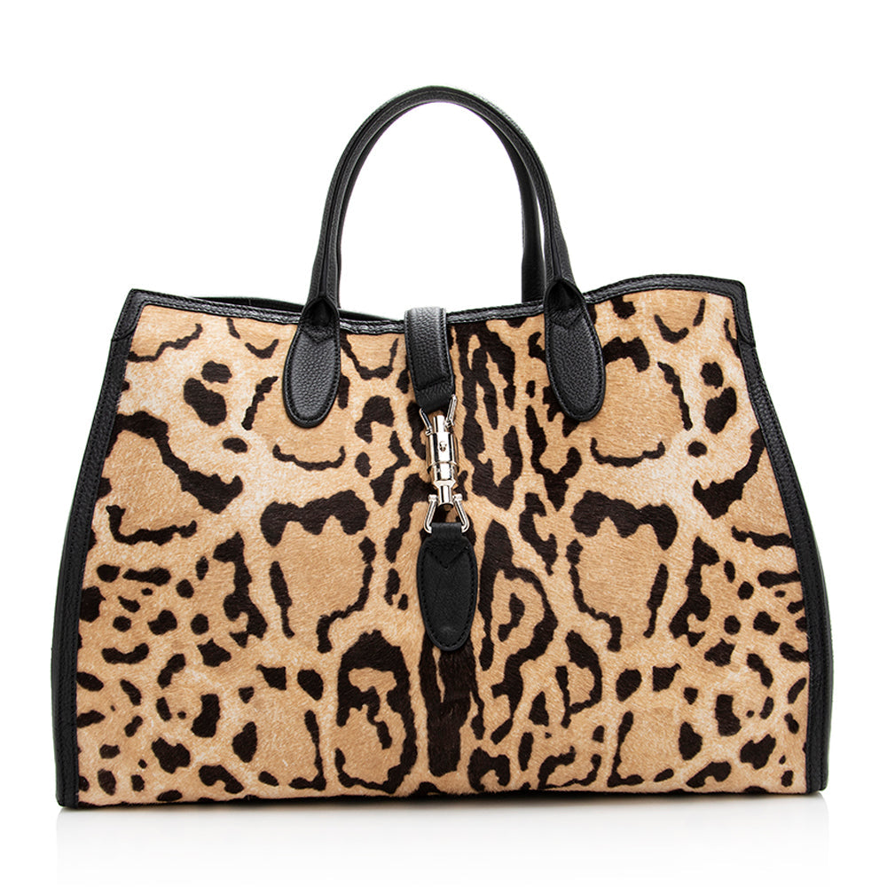 Gucci Leopard Hair Jackie SHF Leather Calf Black Beige Tote Bag
