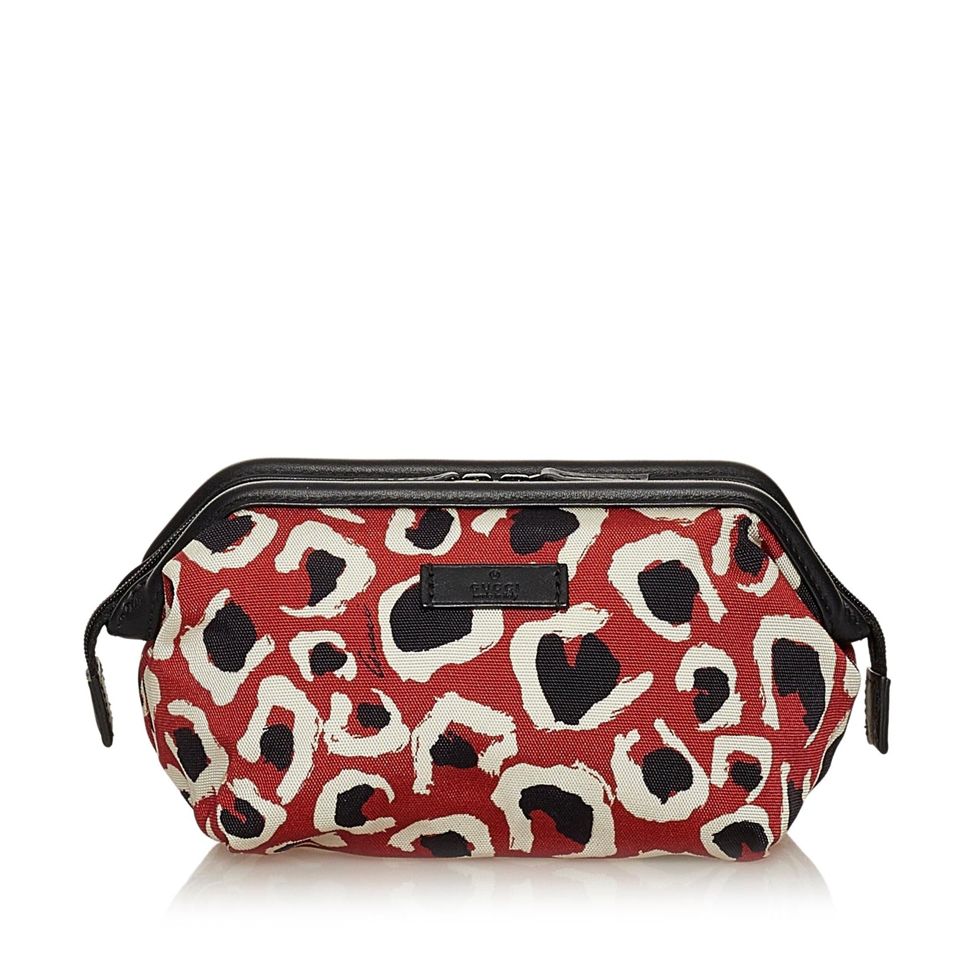 Gucci Leopard Printed Pouch SHG Nylon Red Handbag