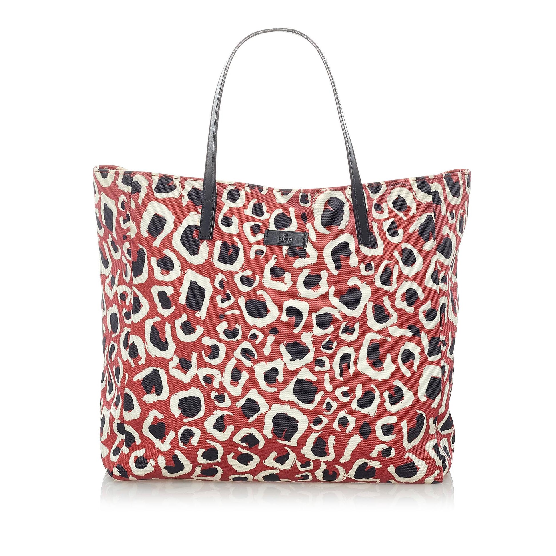 Gucci Leopard Printed SHG Nylon Red Tote Bag