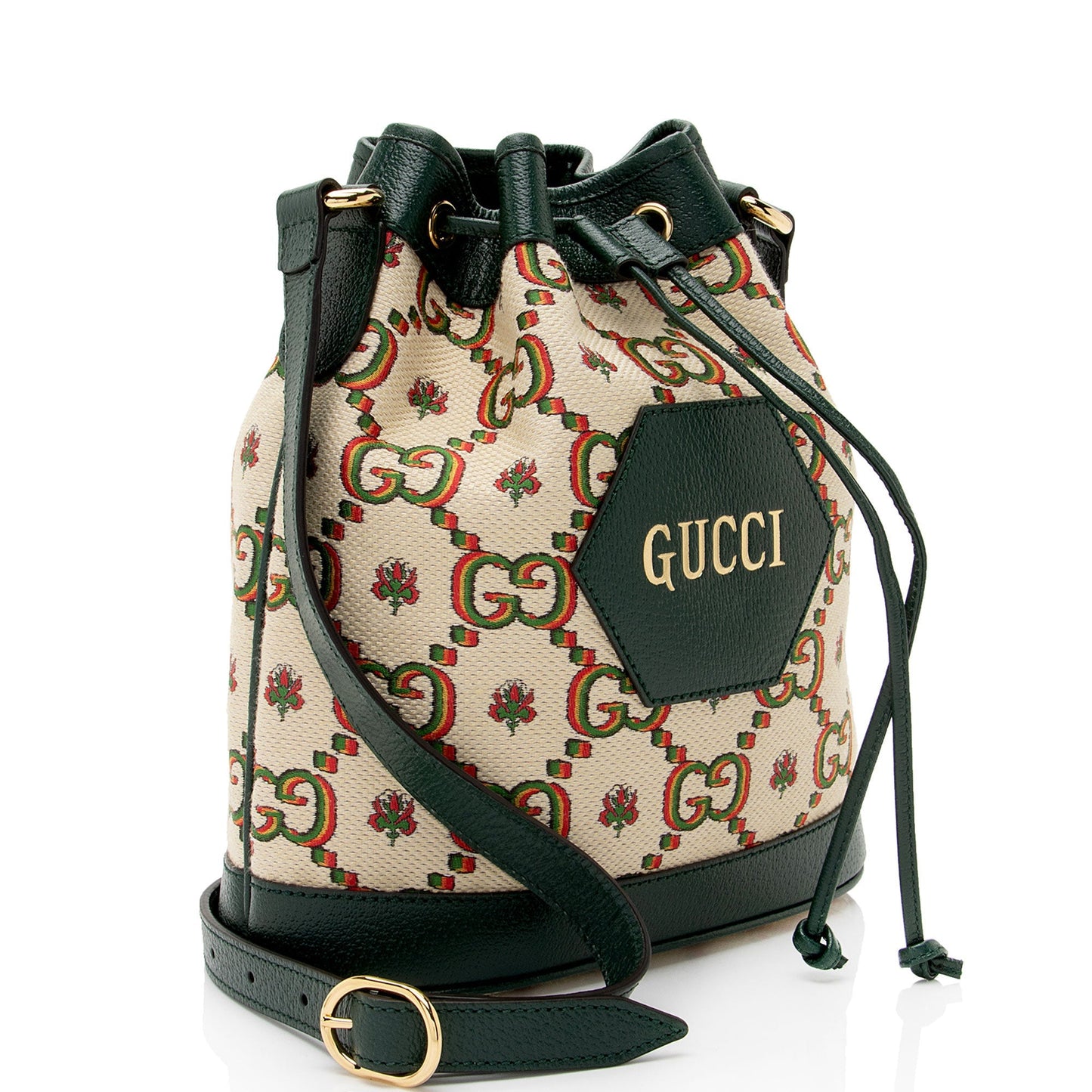 Gucci Limited Edition GG 100 Bucket Leather Canvas Beige Green Crossbody Bag
