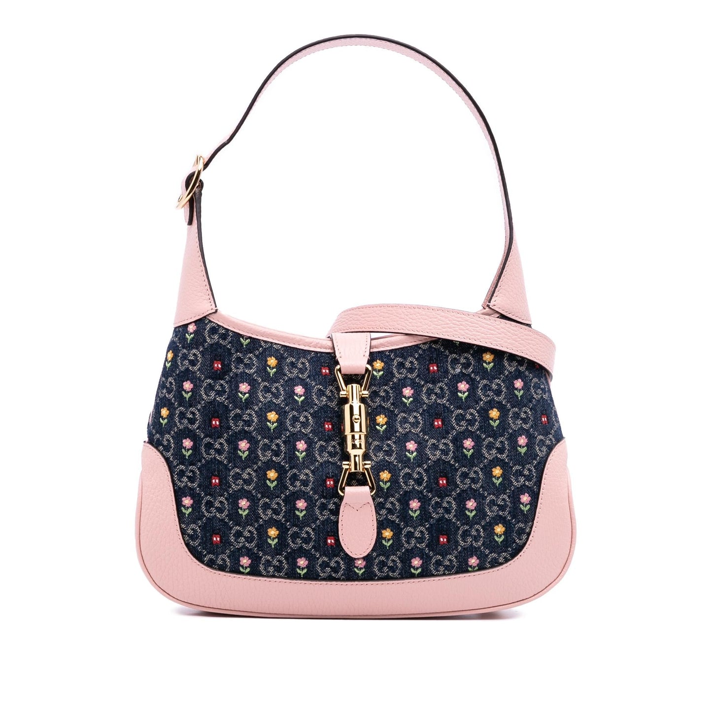 Gucci Limited Edition GG Embroidered Floral Denim Calf Blue Pink Crossbody Bag