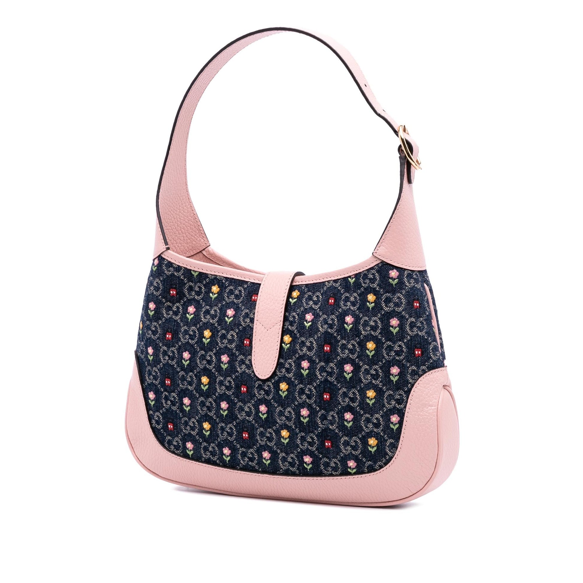 Gucci Limited Edition GG Embroidered Floral Denim Calf Blue Pink Crossbody Bag