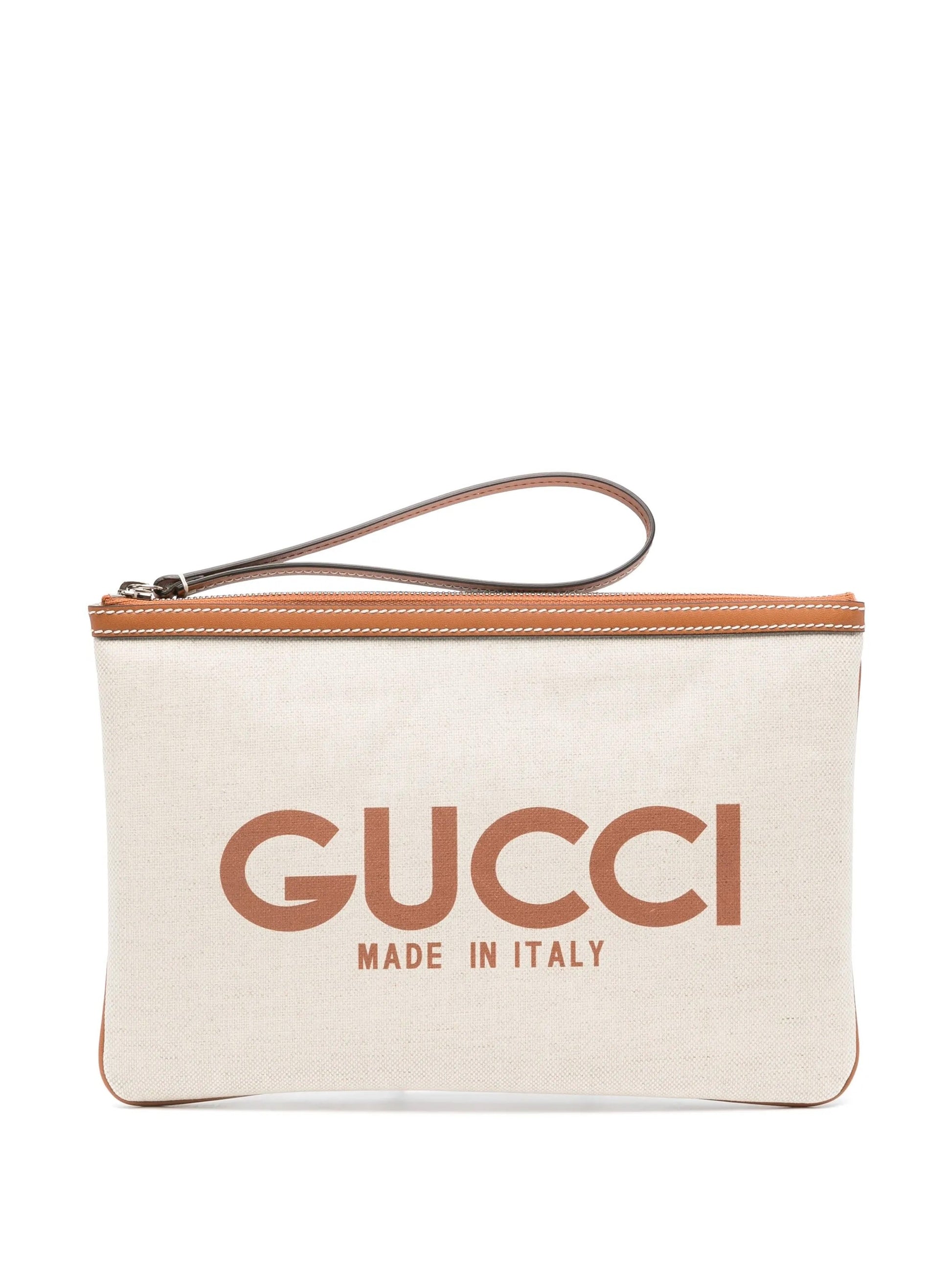 Gucci PRINT & WRISTLET Leather Canvas Logo Clutch Bag