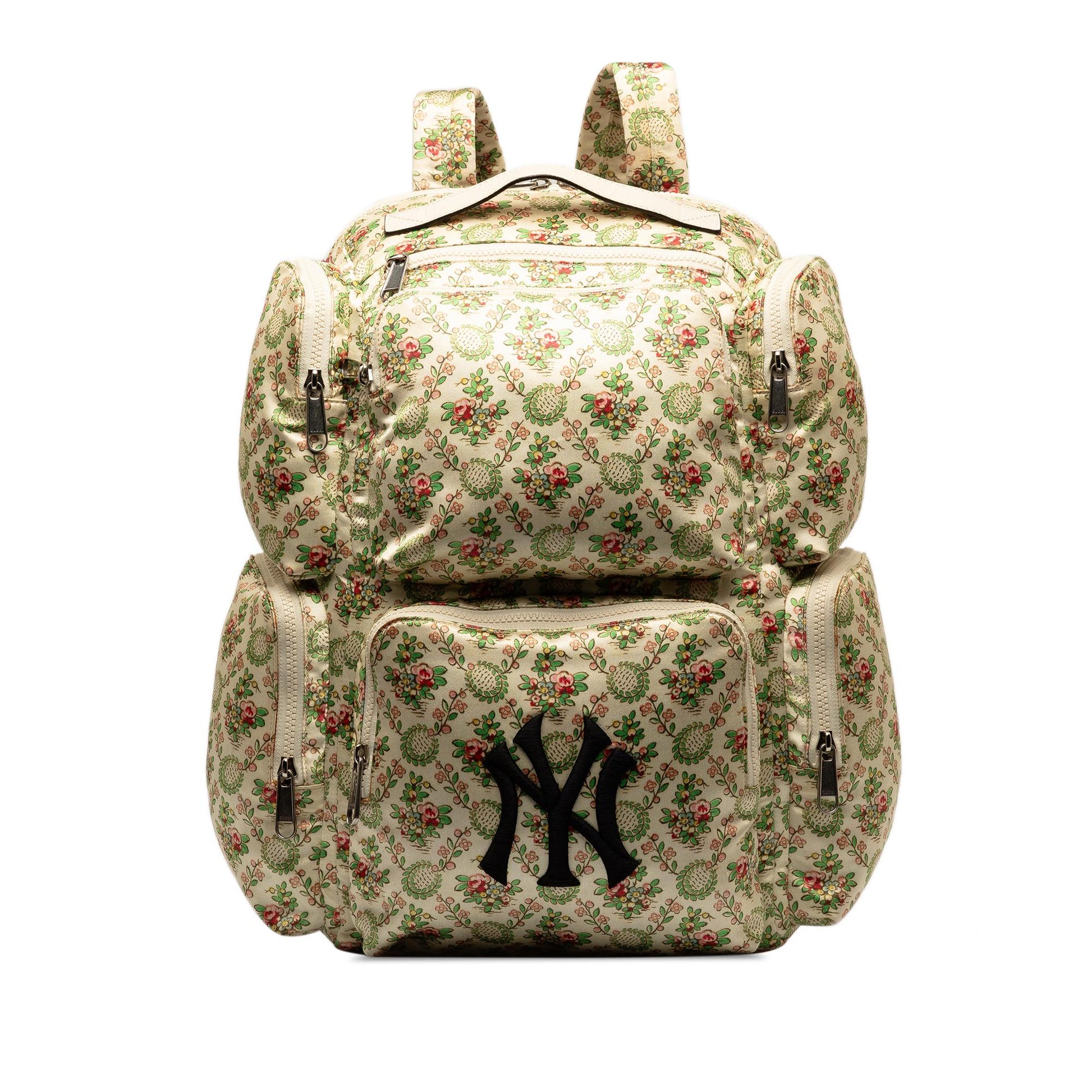 Gucci MLB Floral NY Yankees Patch Satin Brown Backpack Shg Chovbl