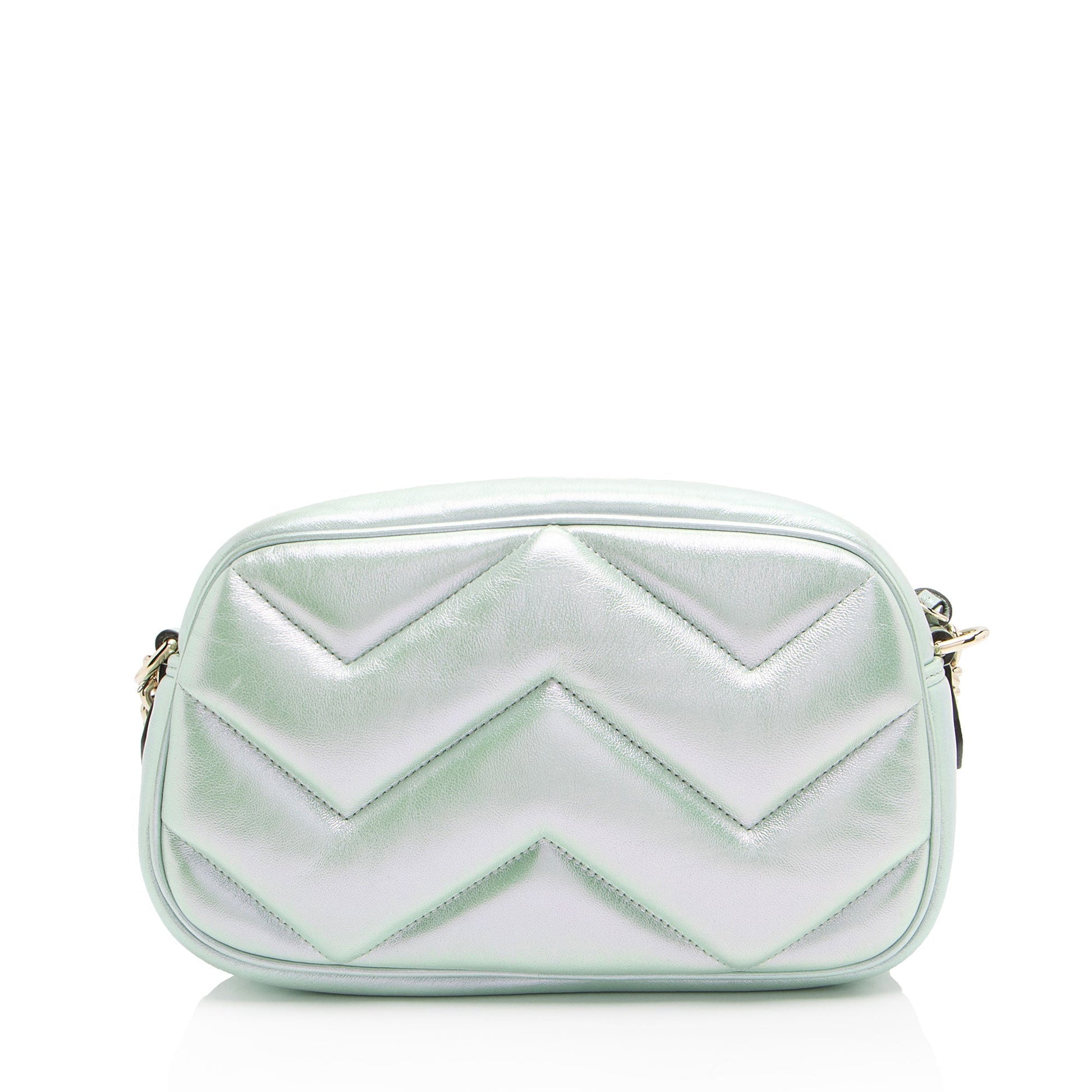 Gucci Iridescent Chevron GG Marmont Camera Matelasse Leather Green Small Crossbody Bag