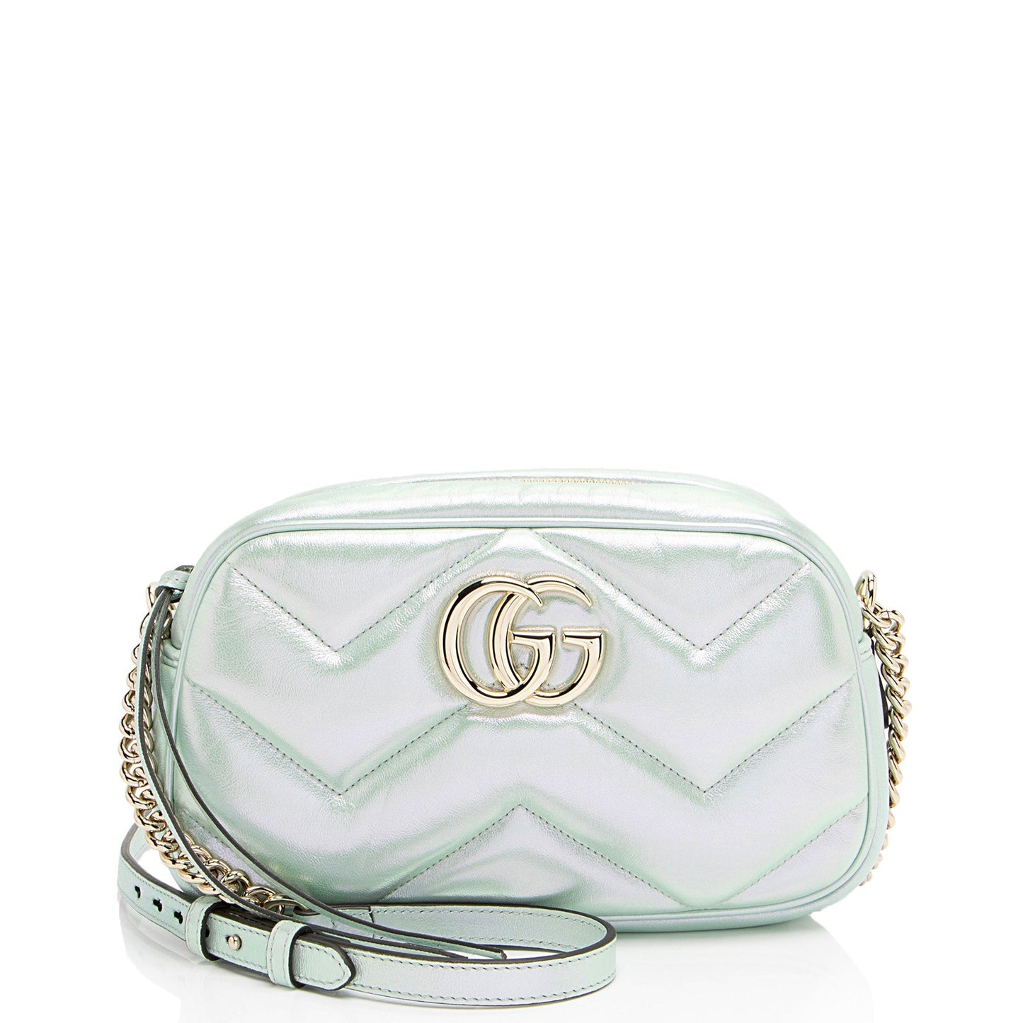 Gucci Iridescent Chevron GG Marmont Camera Matelasse Leather Green Small Crossbody Bag