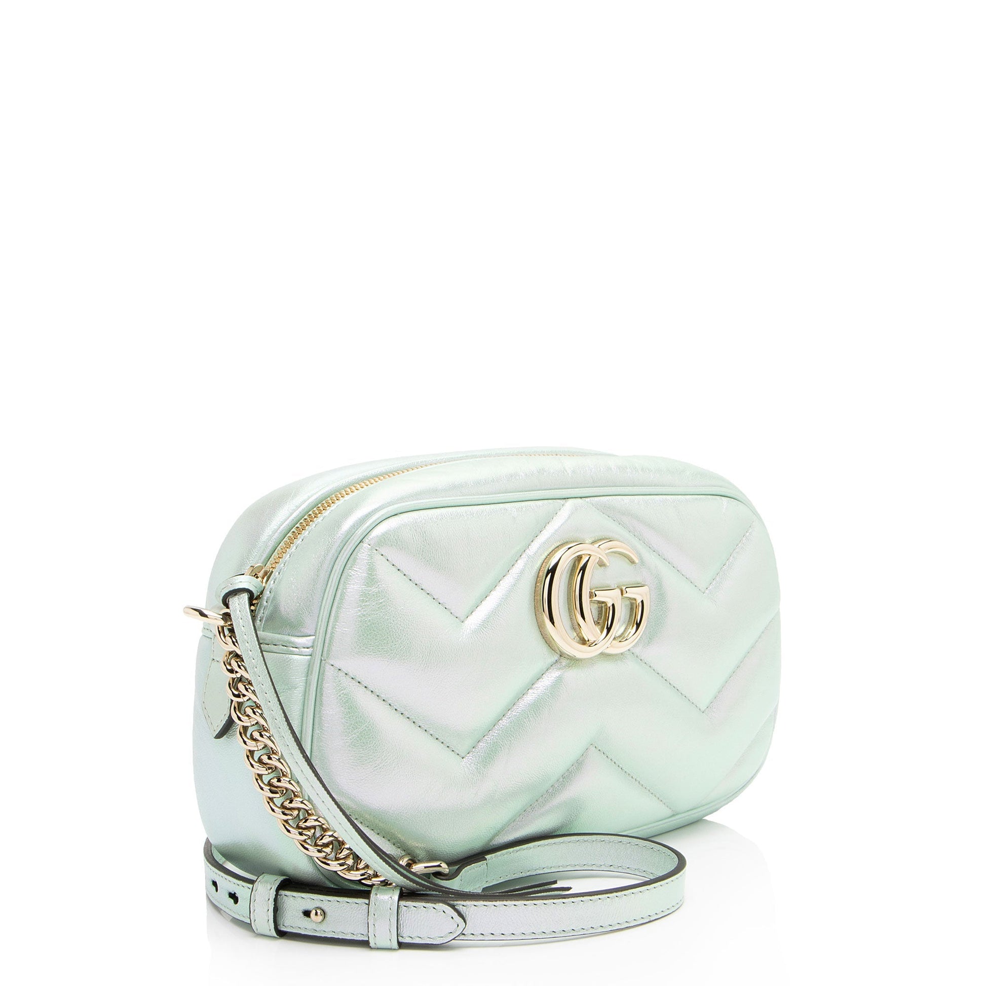 Gucci Iridescent Chevron GG Marmont Camera Matelasse Leather Green Small Crossbody Bag