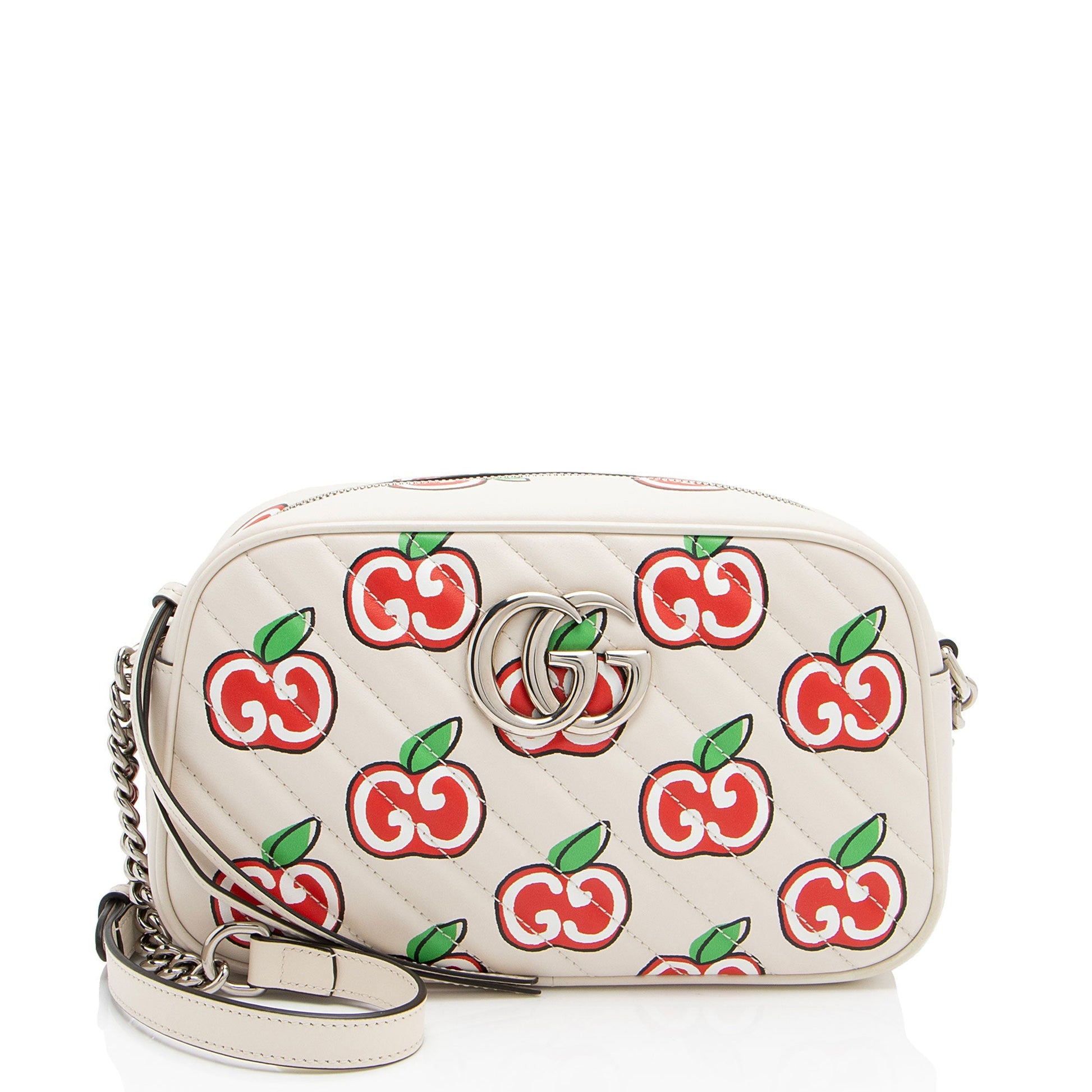Gucci Apple GG Marmont Matelasse Leather White Red Crossbody Bag