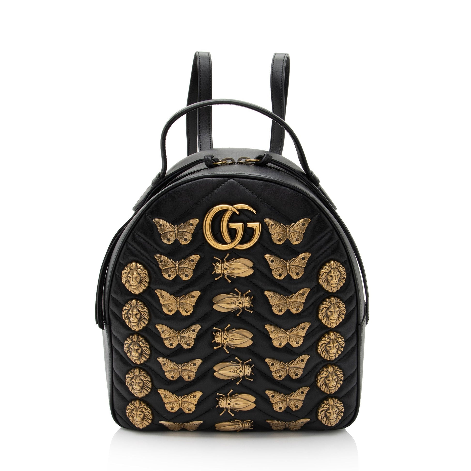 Gucci GG Marmont Animal Studs Backpack Matelasse Leather Black Shoulder Bag