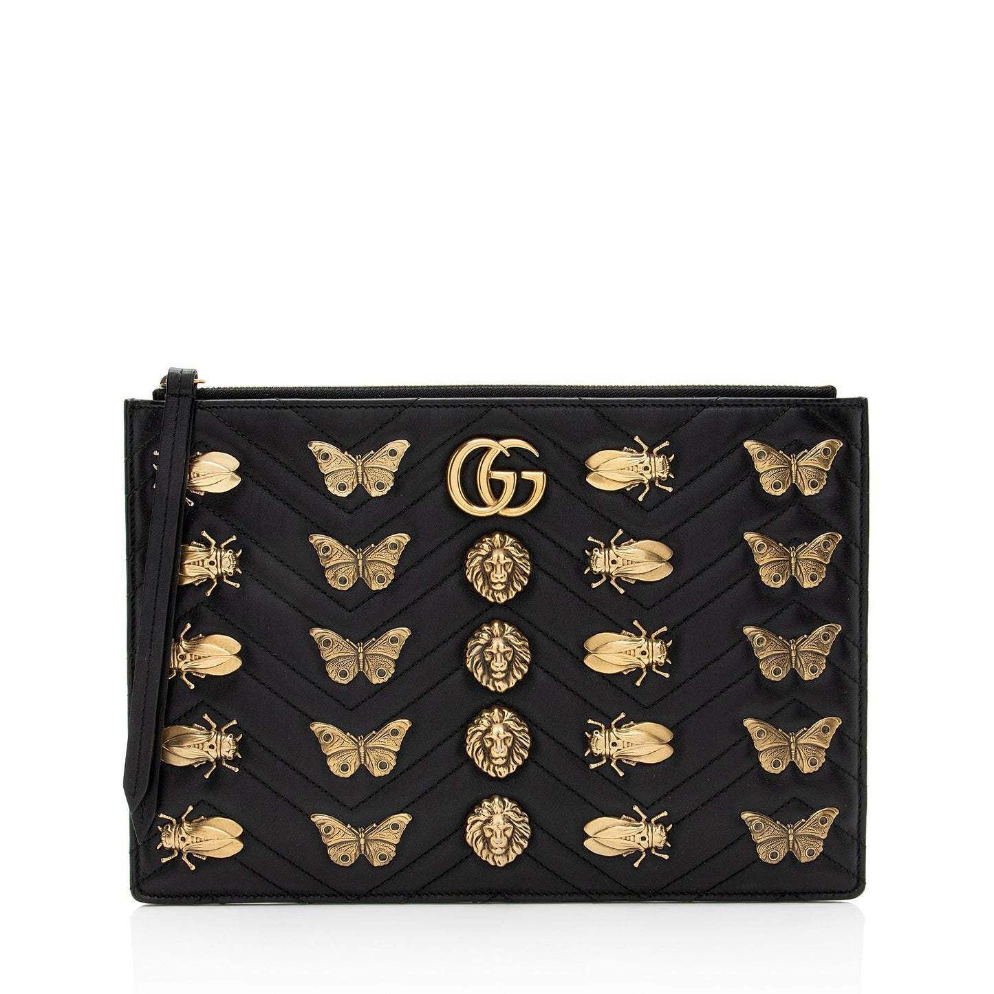 Gucci GG Marmont Animal Studs Matelasse Leather Black Clutch Bag
