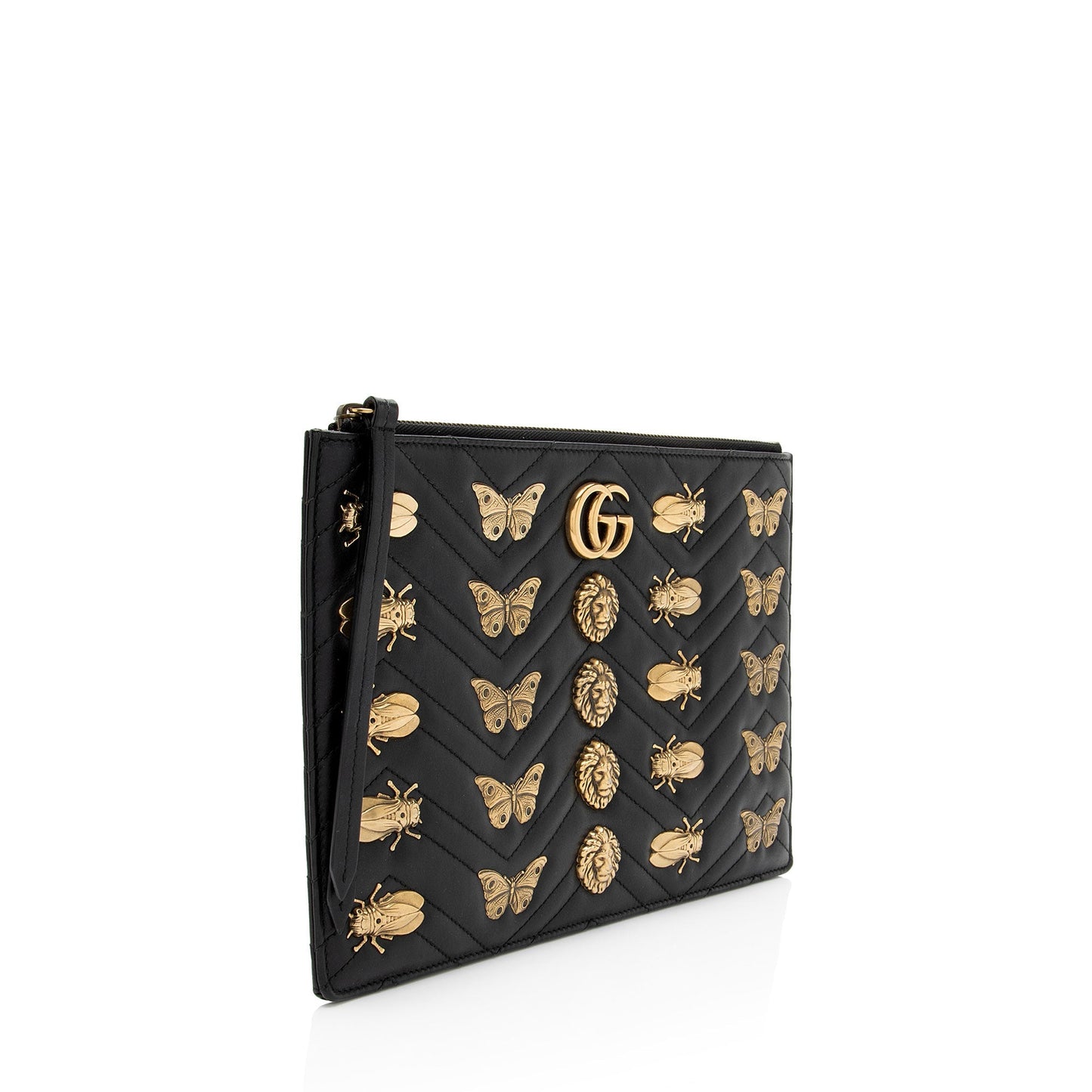 Gucci GG Marmont Animal Studs Matelasse Leather Black Clutch Bag