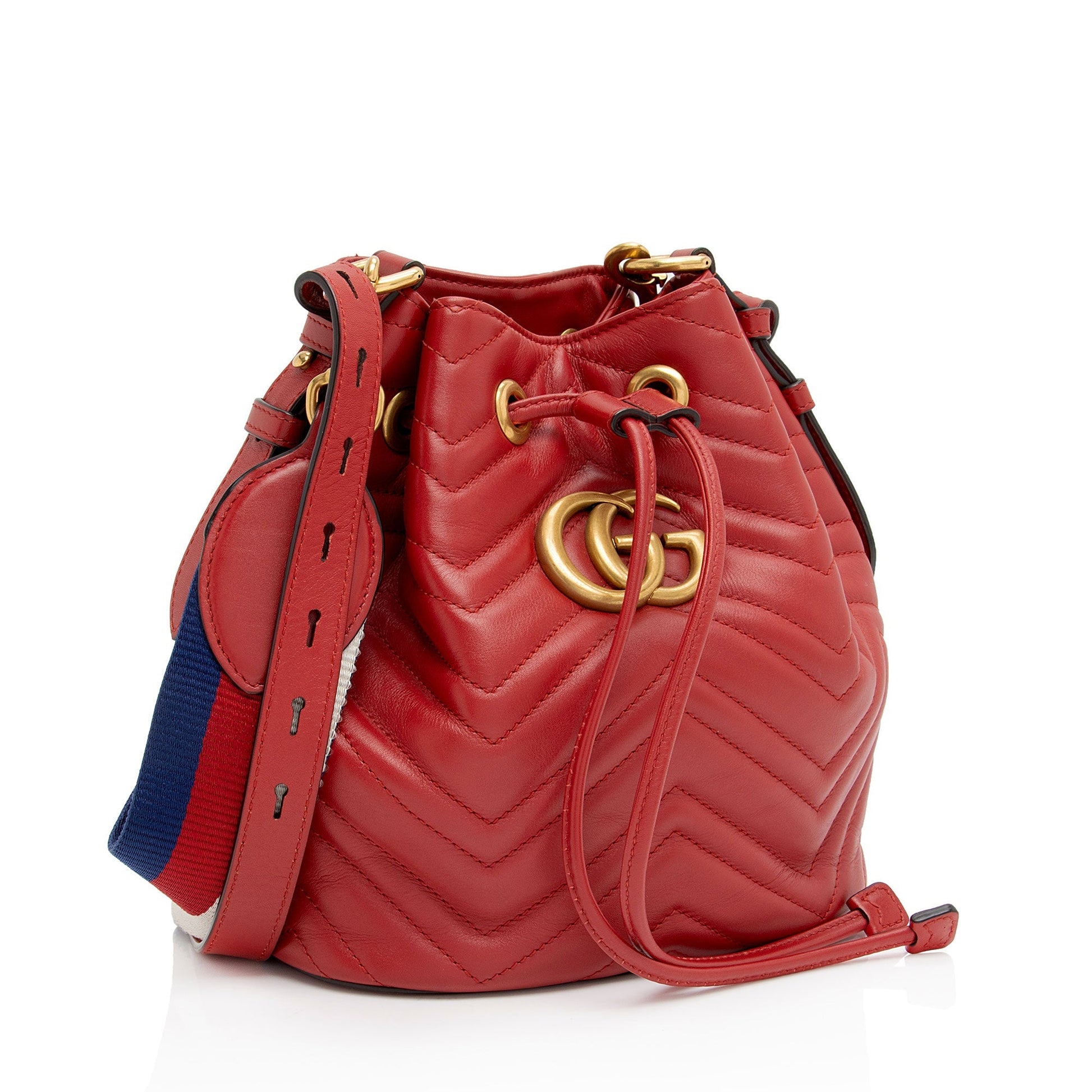 Gucci GG Marmont Bucket Matelasse Leather Nylon Red Crossbody Bag